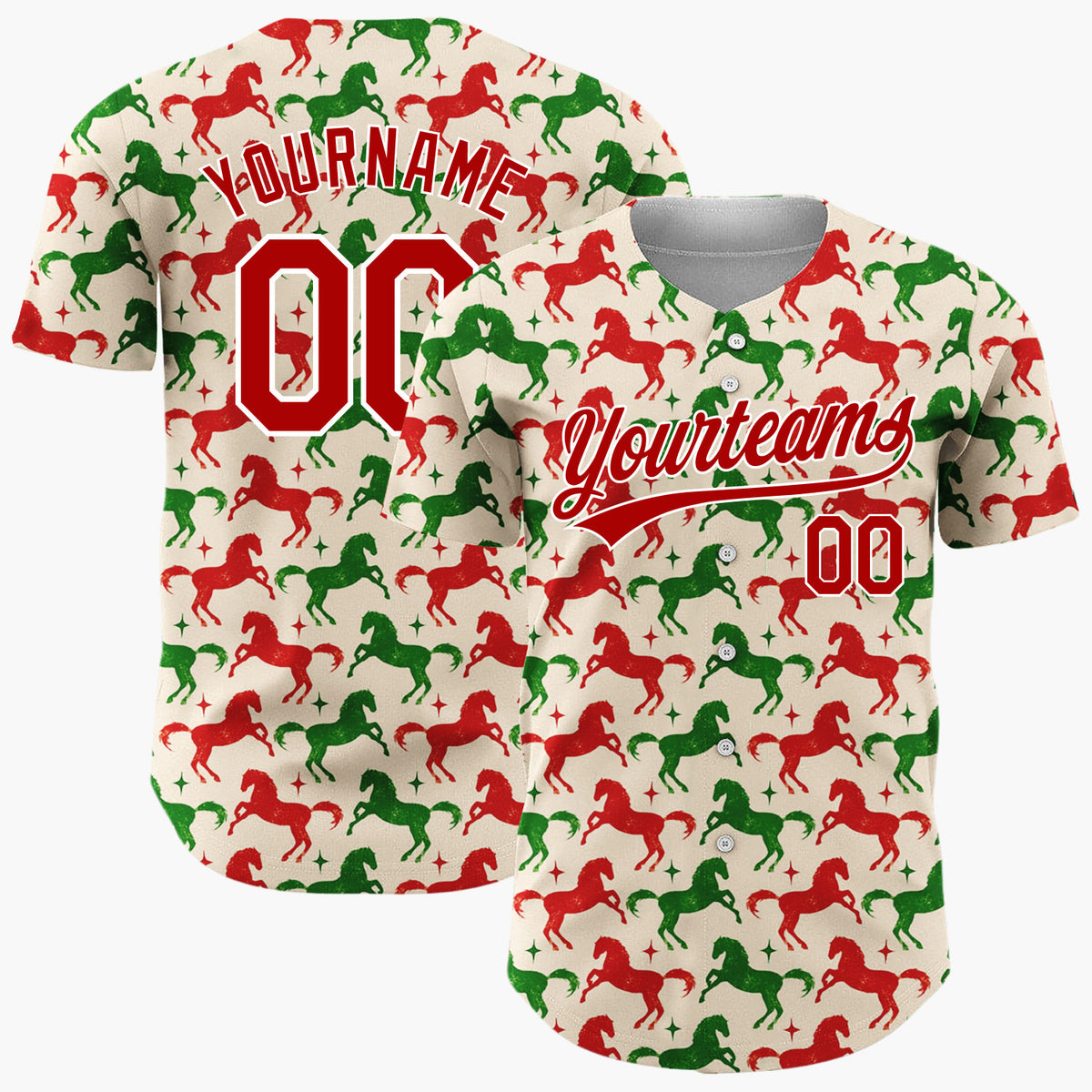 Custom Beige Red  Green Horses With Stars Retro Festive Pattern Christmas Baseball Jersey