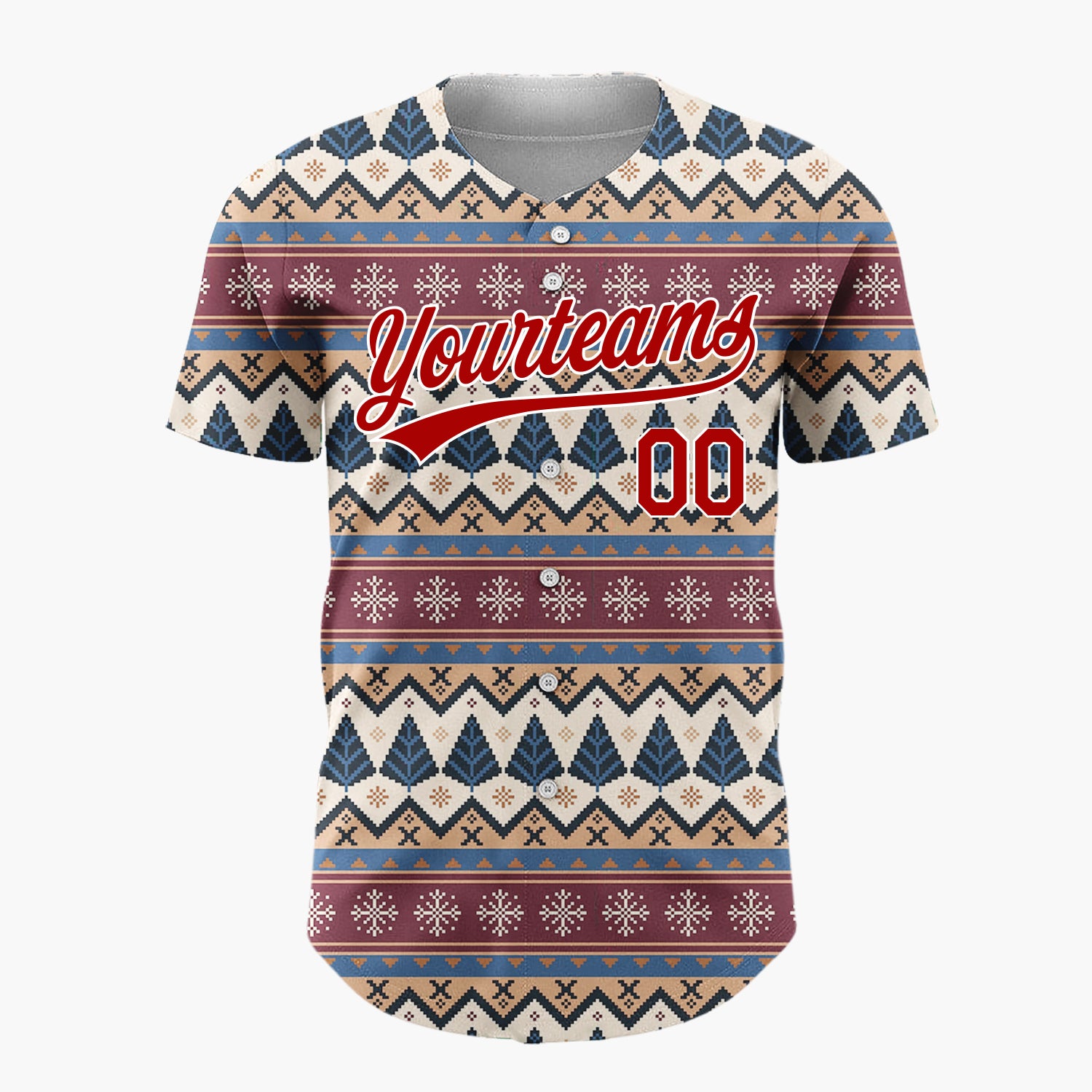 Custom Beige Burgundy Trees Snowflakes And Zigzag Nordic Knitted Pattern Christmas Baseball Jersey