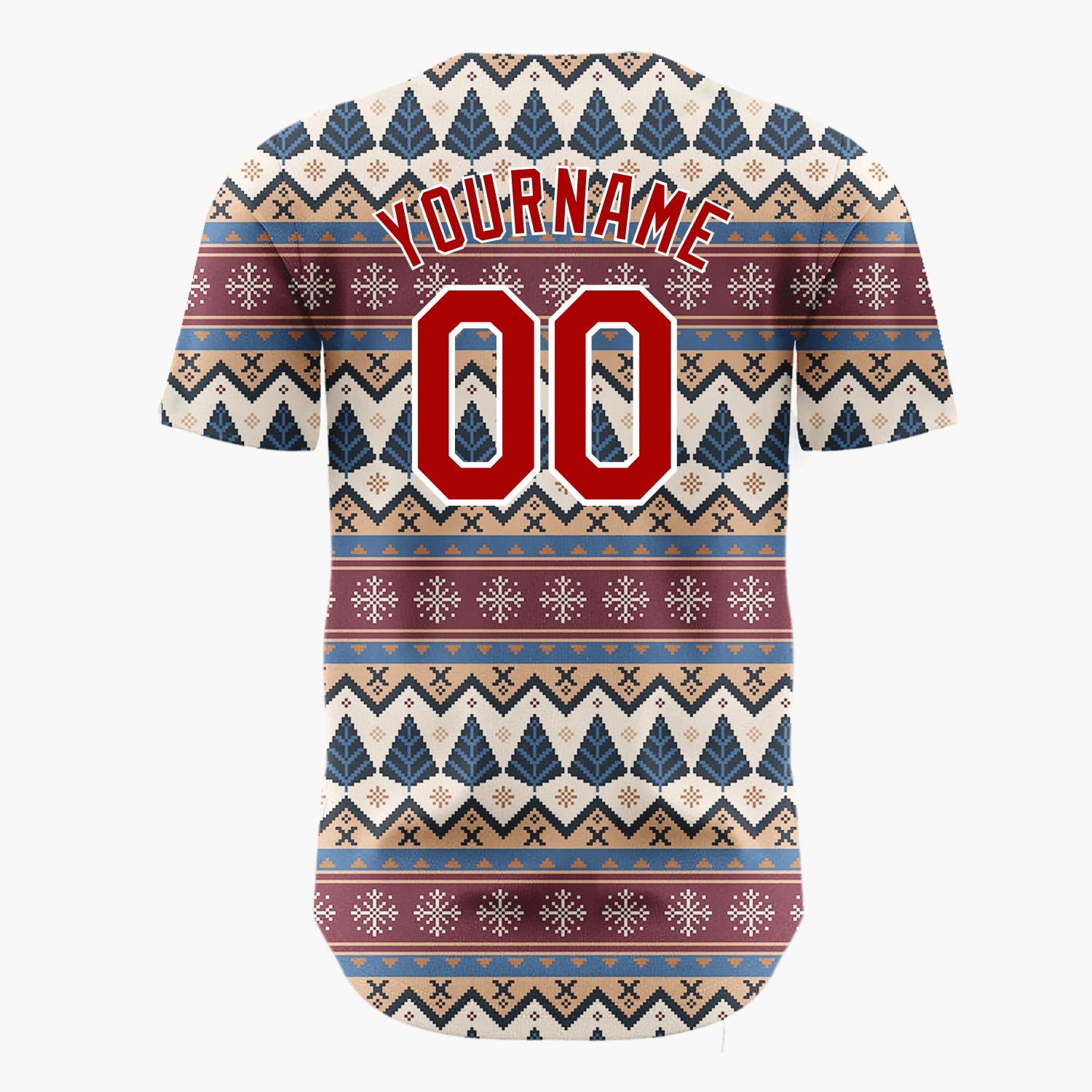 Custom Beige Burgundy Trees Snowflakes And Zigzag Nordic Knitted Pattern Christmas Baseball Jersey