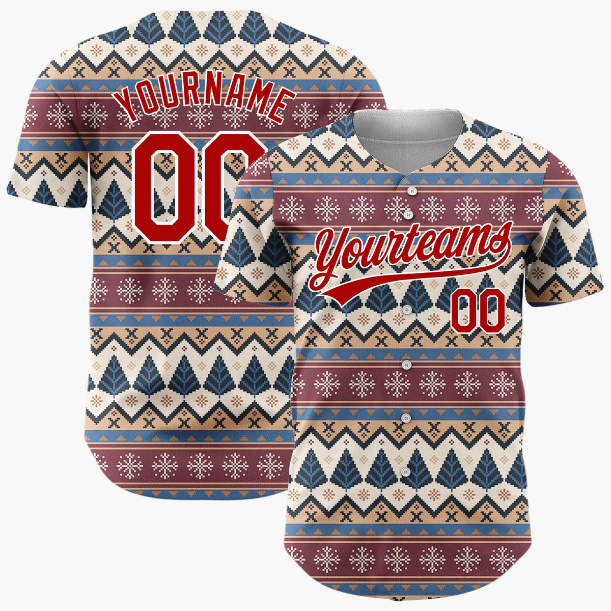 Custom Beige Burgundy Trees Snowflakes And Zigzag Nordic Knitted Pattern Christmas Baseball Jersey