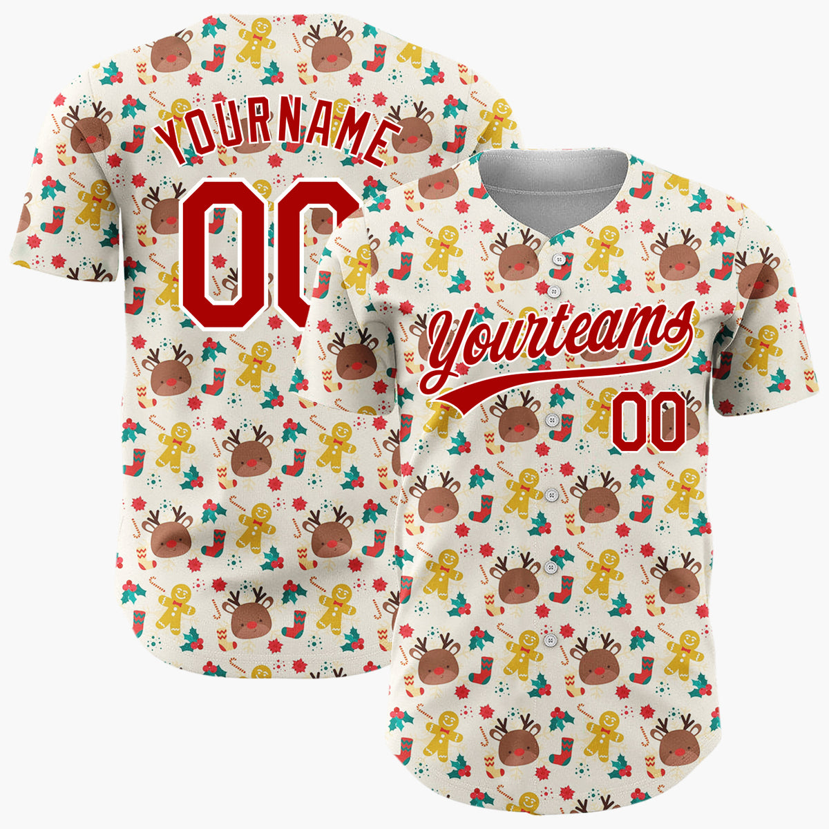 Custom Beige Christmas Doodles Cozy Winter Cartoon Pattern Christmas Baseball Jersey