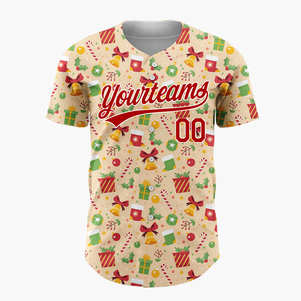Custom Beige Red Green Gifts Bells And Holly Festive Christmas Baseball Jersey