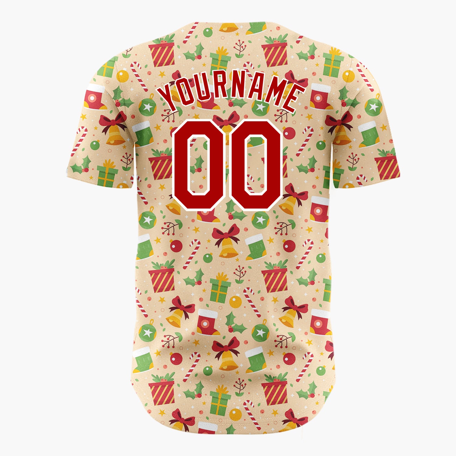 Custom Beige Red Green Gifts Bells And Holly Festive Christmas Baseball Jersey