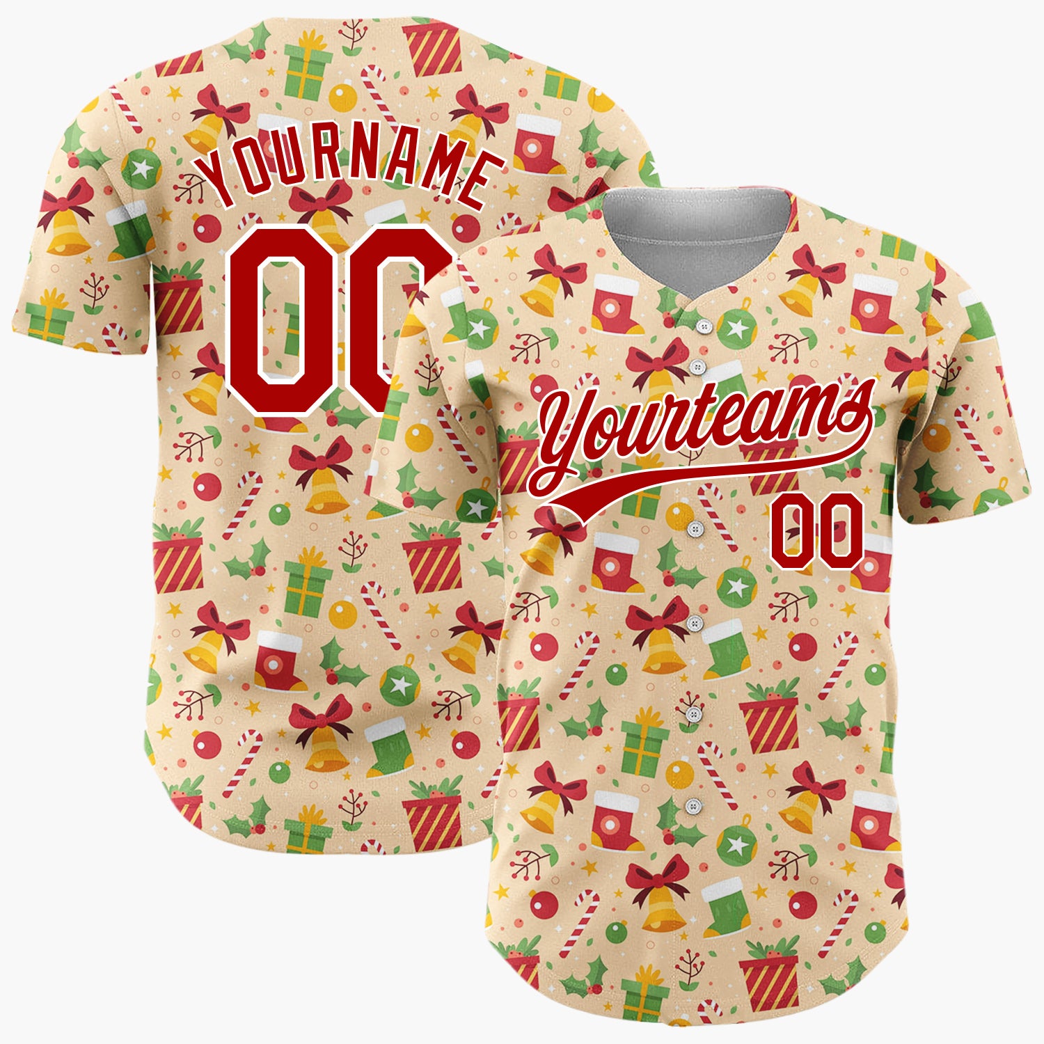 Custom Beige Red Green Gifts Bells And Holly Festive Christmas Baseball Jersey