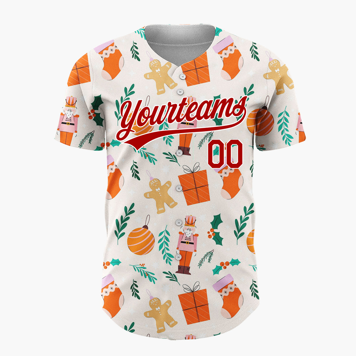 Custom Beige Orange Nutcrackers Gingerbread And Gifts Christmas Flat Pattern Christmas Baseball Jersey