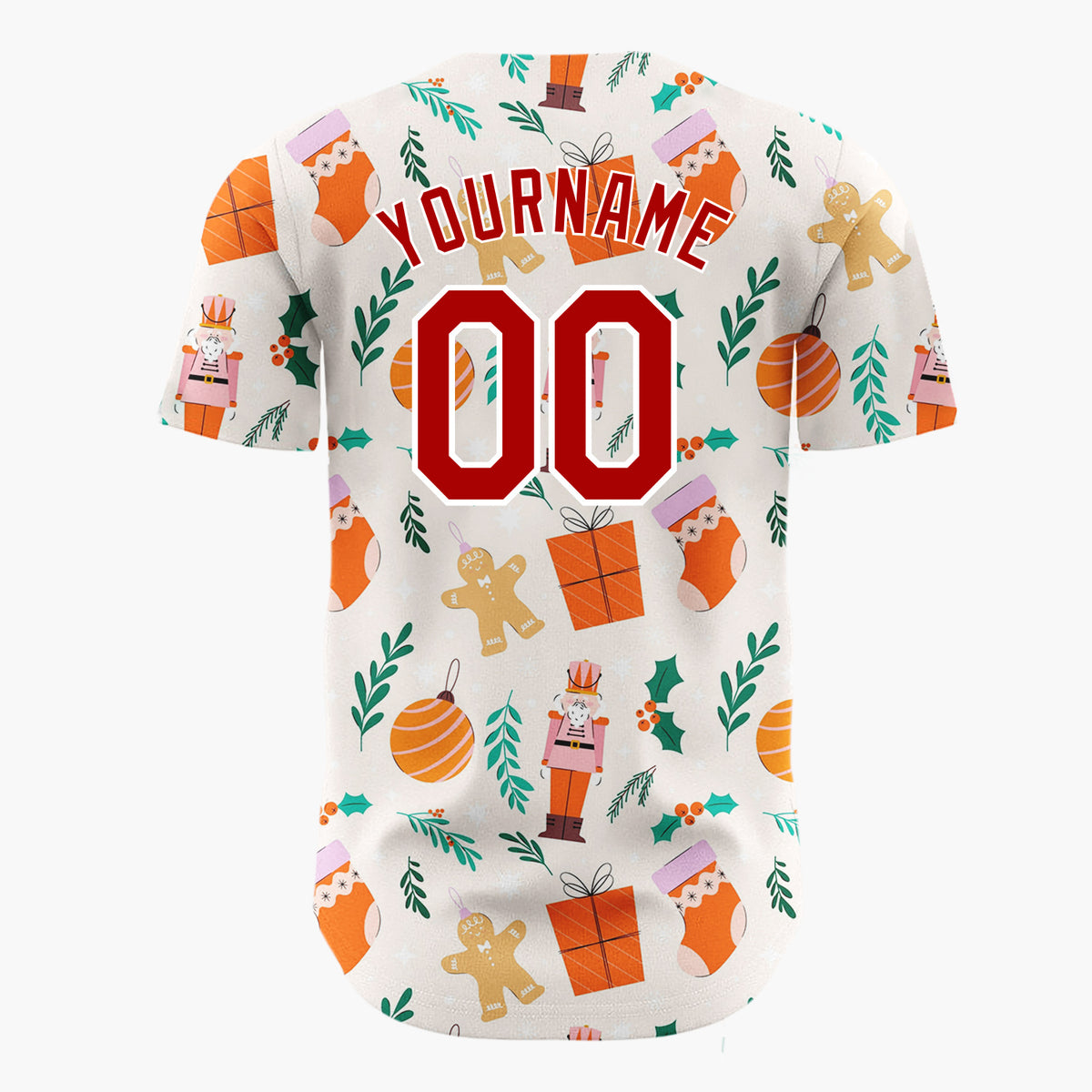 Custom Beige Orange Nutcrackers Gingerbread And Gifts Christmas Flat Pattern Christmas Baseball Jersey