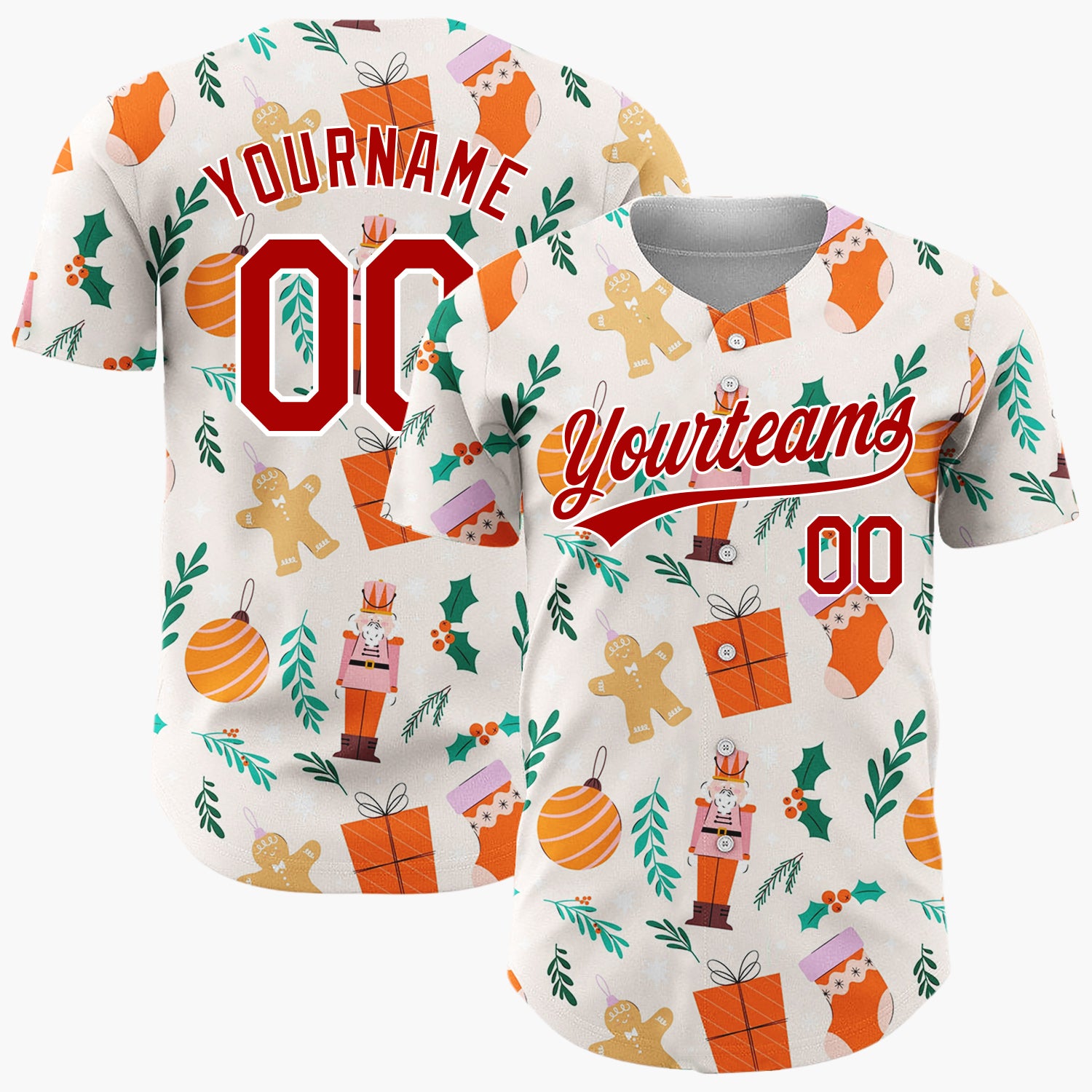 Custom Beige Orange Nutcrackers Gingerbread And Gifts Christmas Flat Pattern Christmas Baseball Jersey