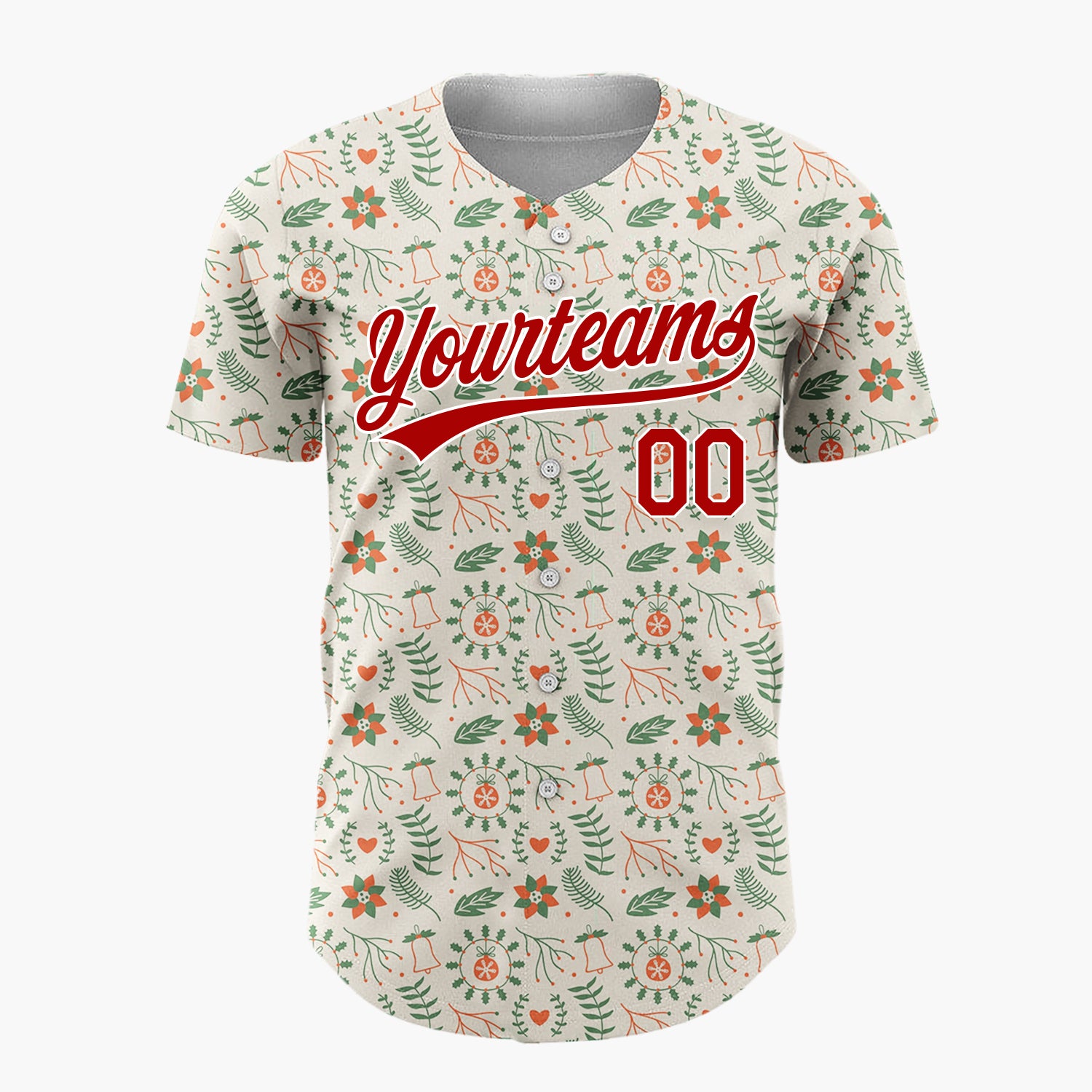 Custom Beige Green Red Flowers Bells And Hearts Nordic Christmas Baseball Jersey