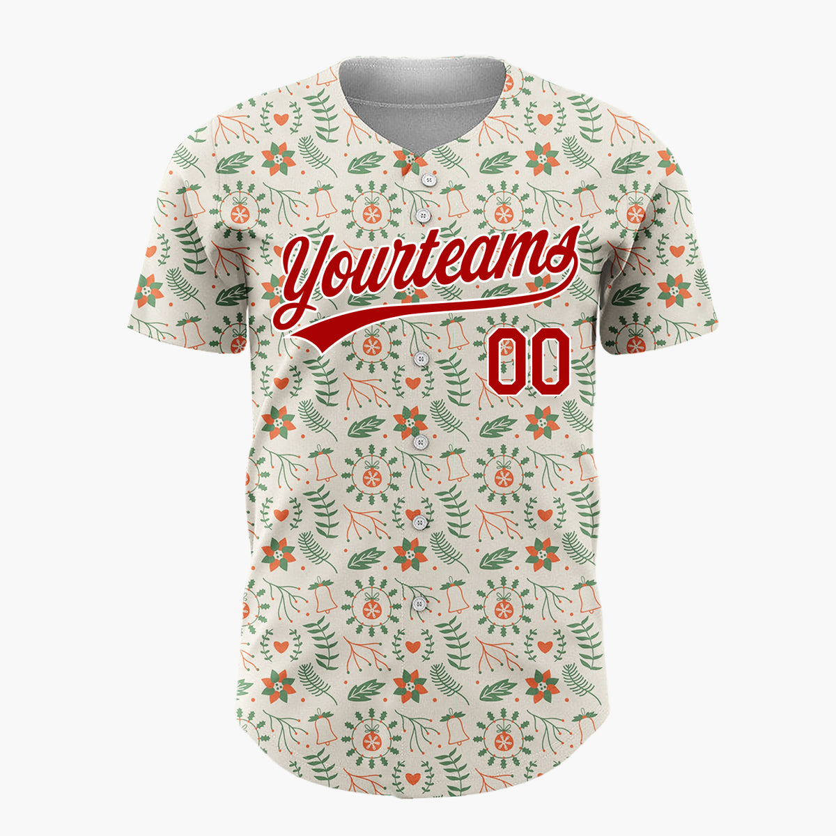 Custom Beige Green Red Flowers Bells And Hearts Nordic Christmas Baseball Jersey