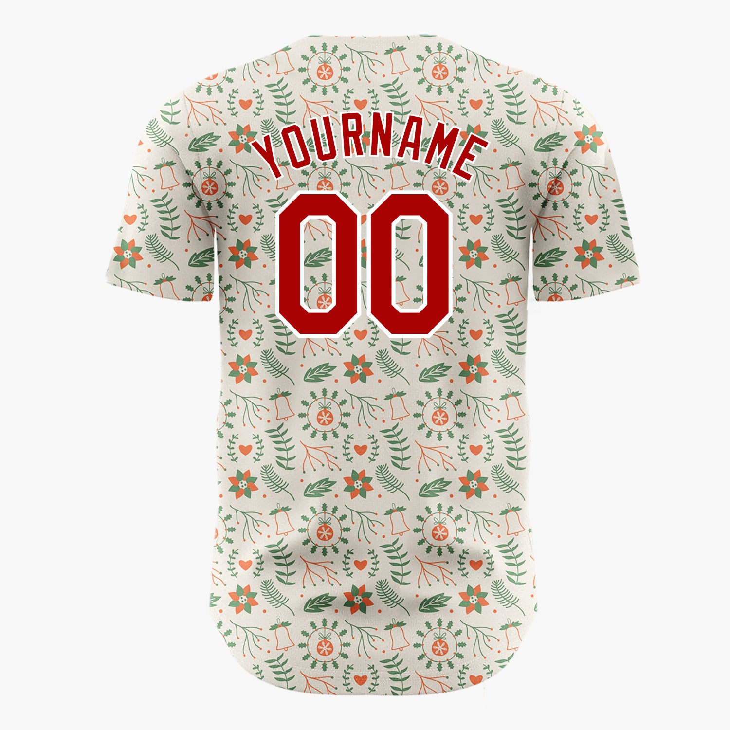 Custom Beige Green Red Flowers Bells And Hearts Nordic Christmas Baseball Jersey
