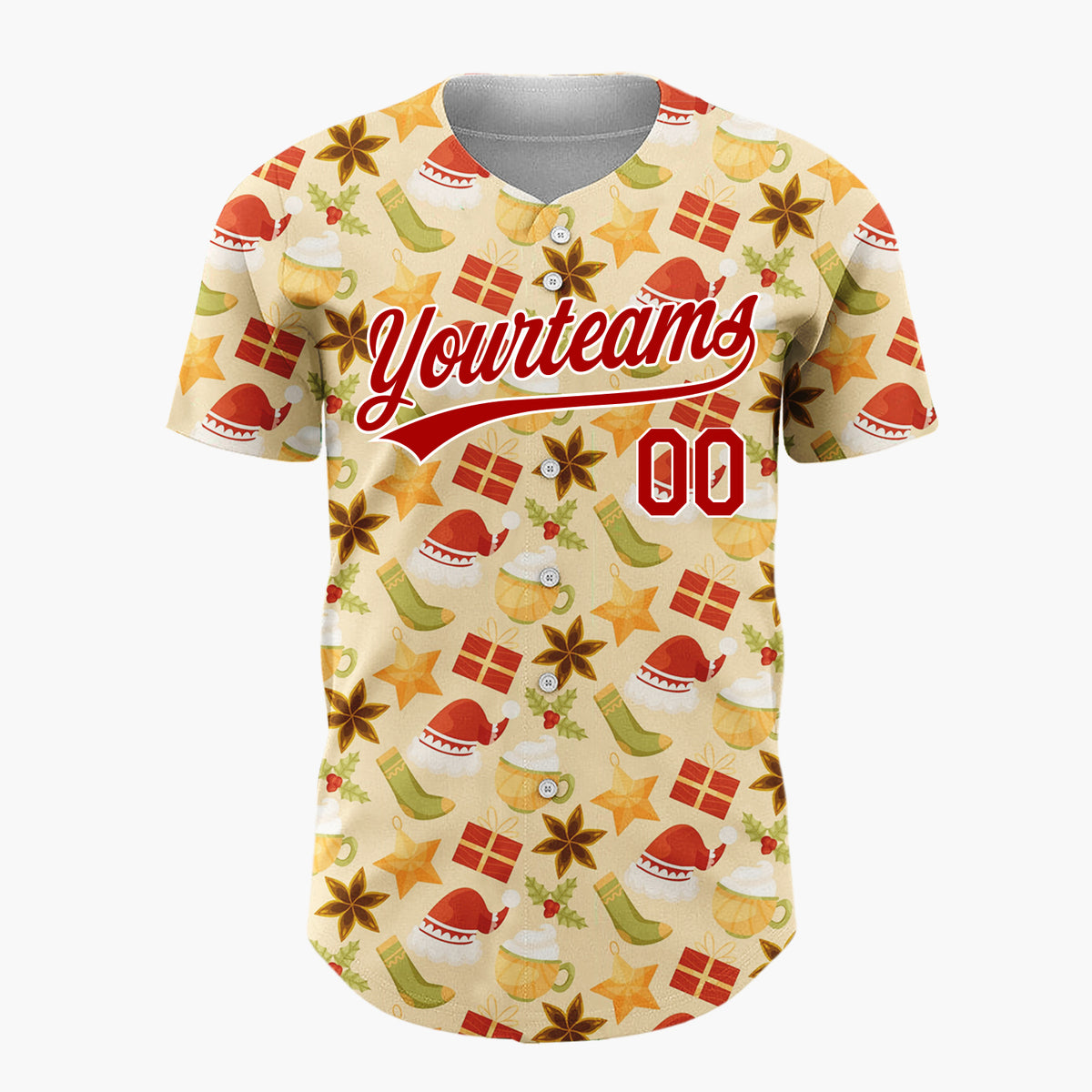 Custom Beige Red Green Santa Hats Gifts And Stars Cute Christmas Baseball Jersey
