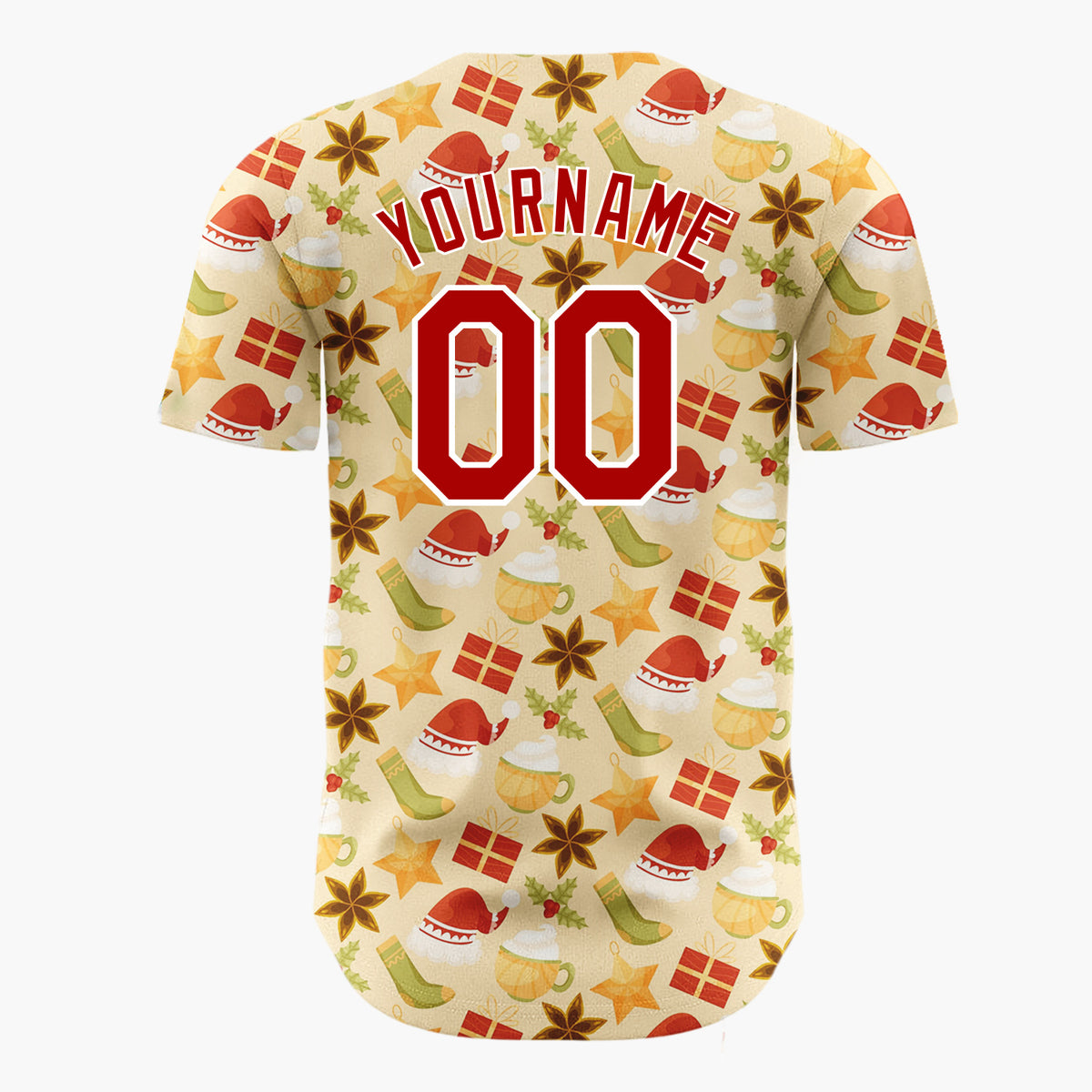 Custom Beige Red Green Santa Hats Gifts And Stars Cute Christmas Baseball Jersey