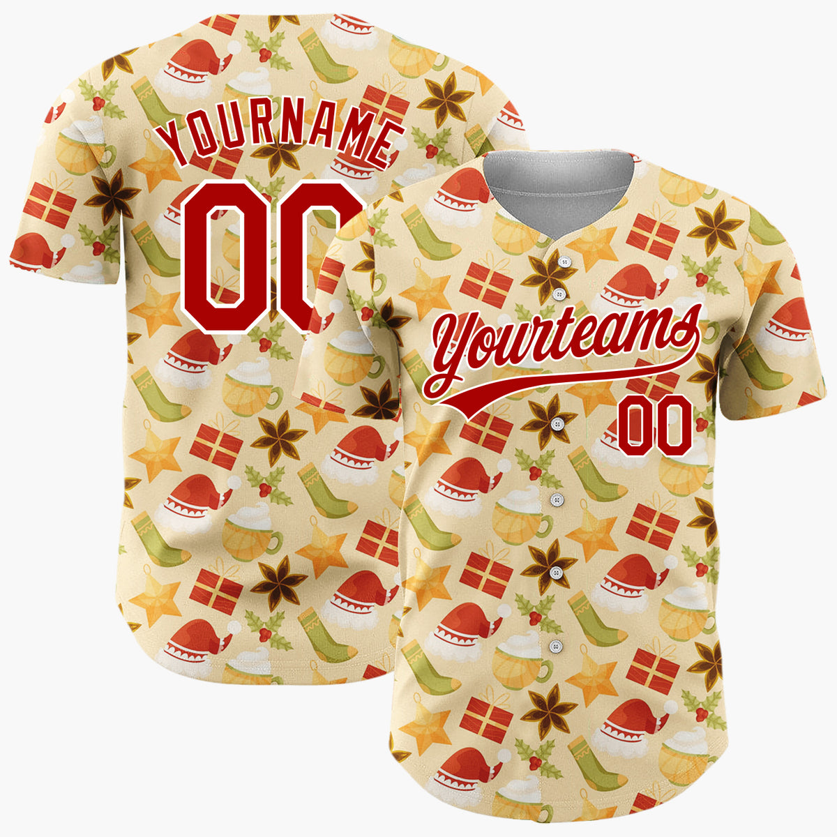 Custom Beige Red Green Santa Hats Gifts And Stars Cute Christmas Baseball Jersey