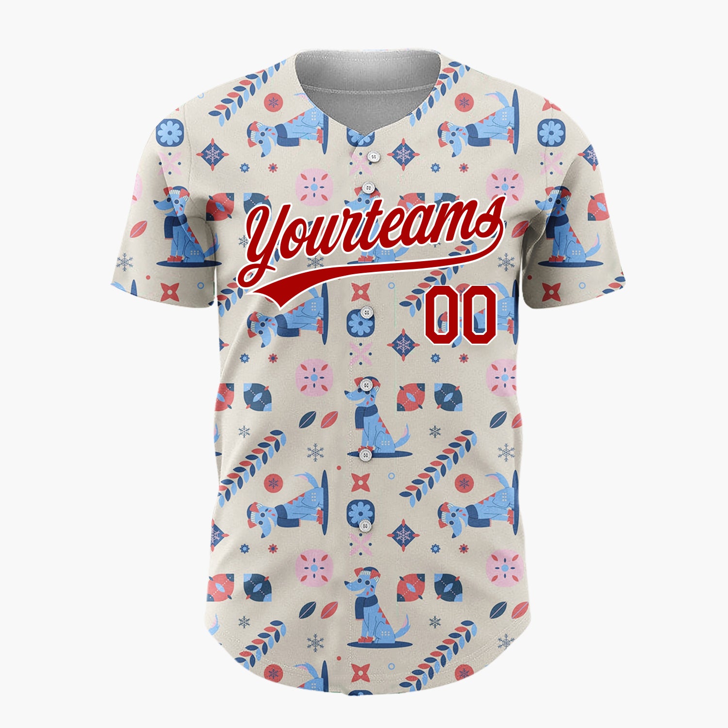 Custom Beige Blue Red Dogs And Geometrics Christmas Folk Pattern Christmas Baseball Jersey