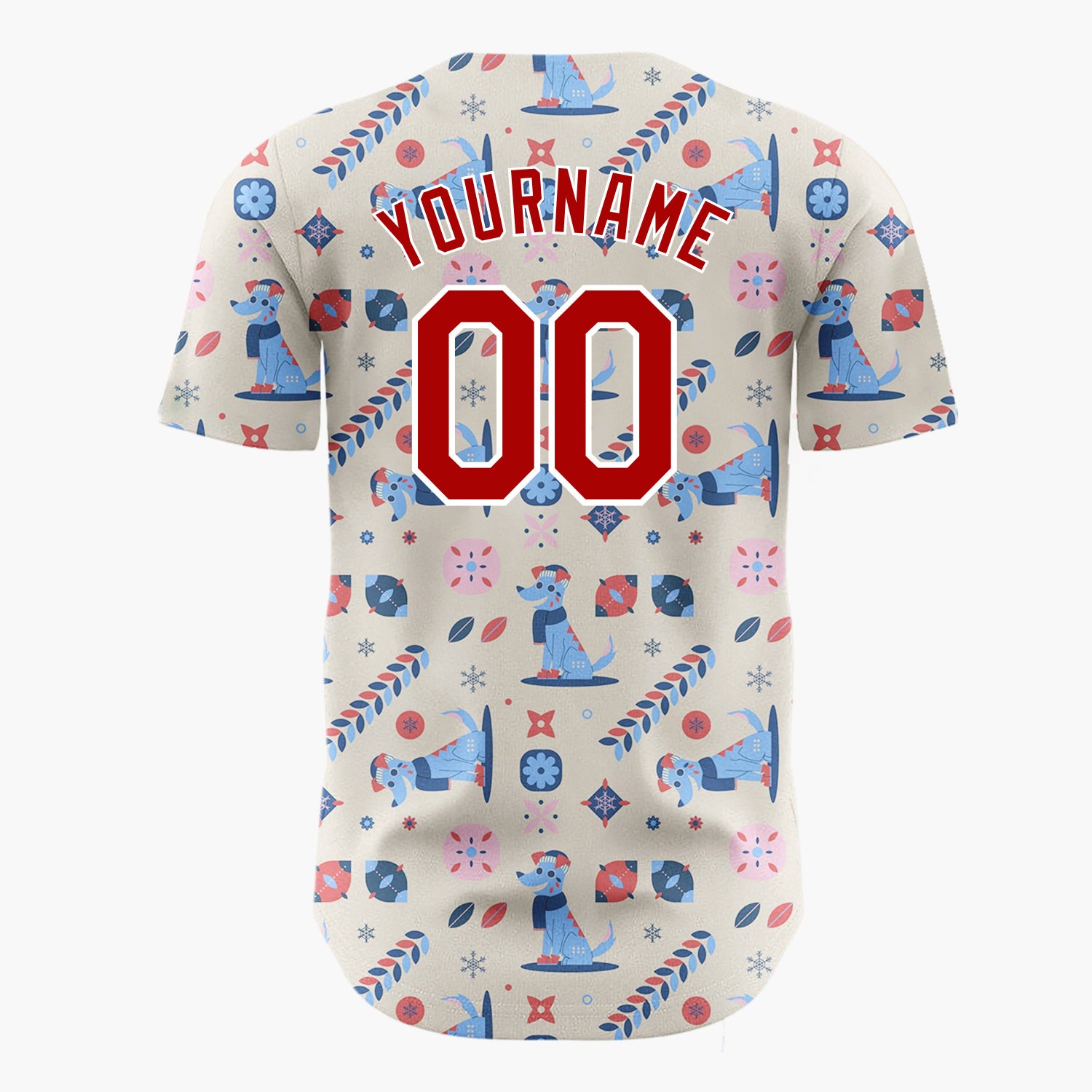 Custom Beige Blue Red Dogs And Geometrics Christmas Folk Pattern Christmas Baseball Jersey