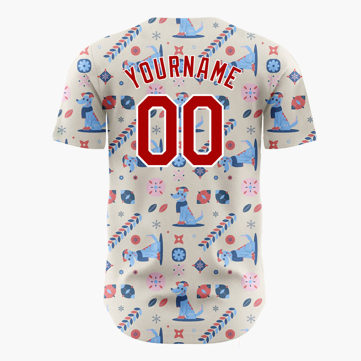 Custom Beige Blue Red Dogs And Geometrics Christmas Folk Pattern Christmas Baseball Jersey