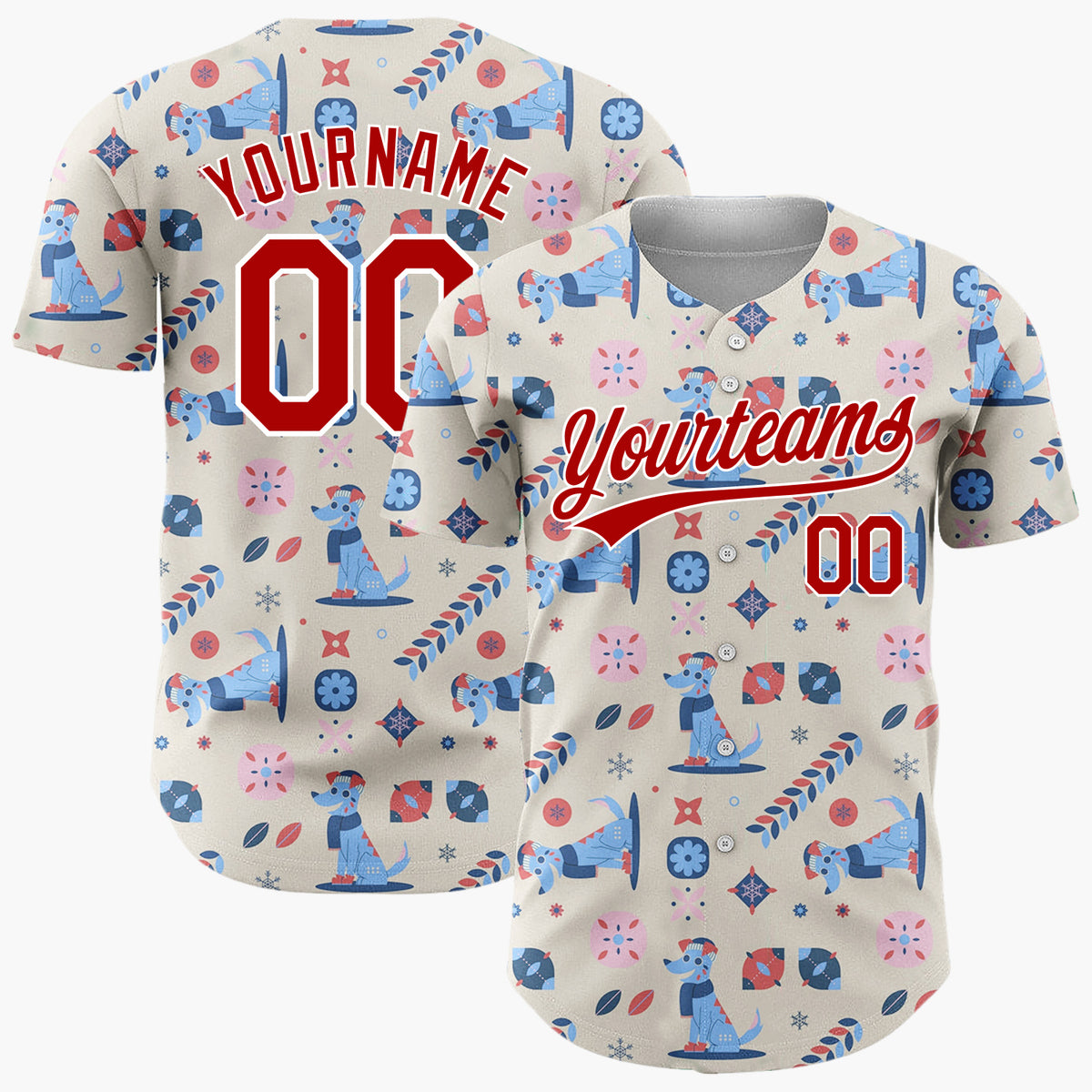 Custom Beige Blue Red Dogs And Geometrics Christmas Folk Pattern Christmas Baseball Jersey