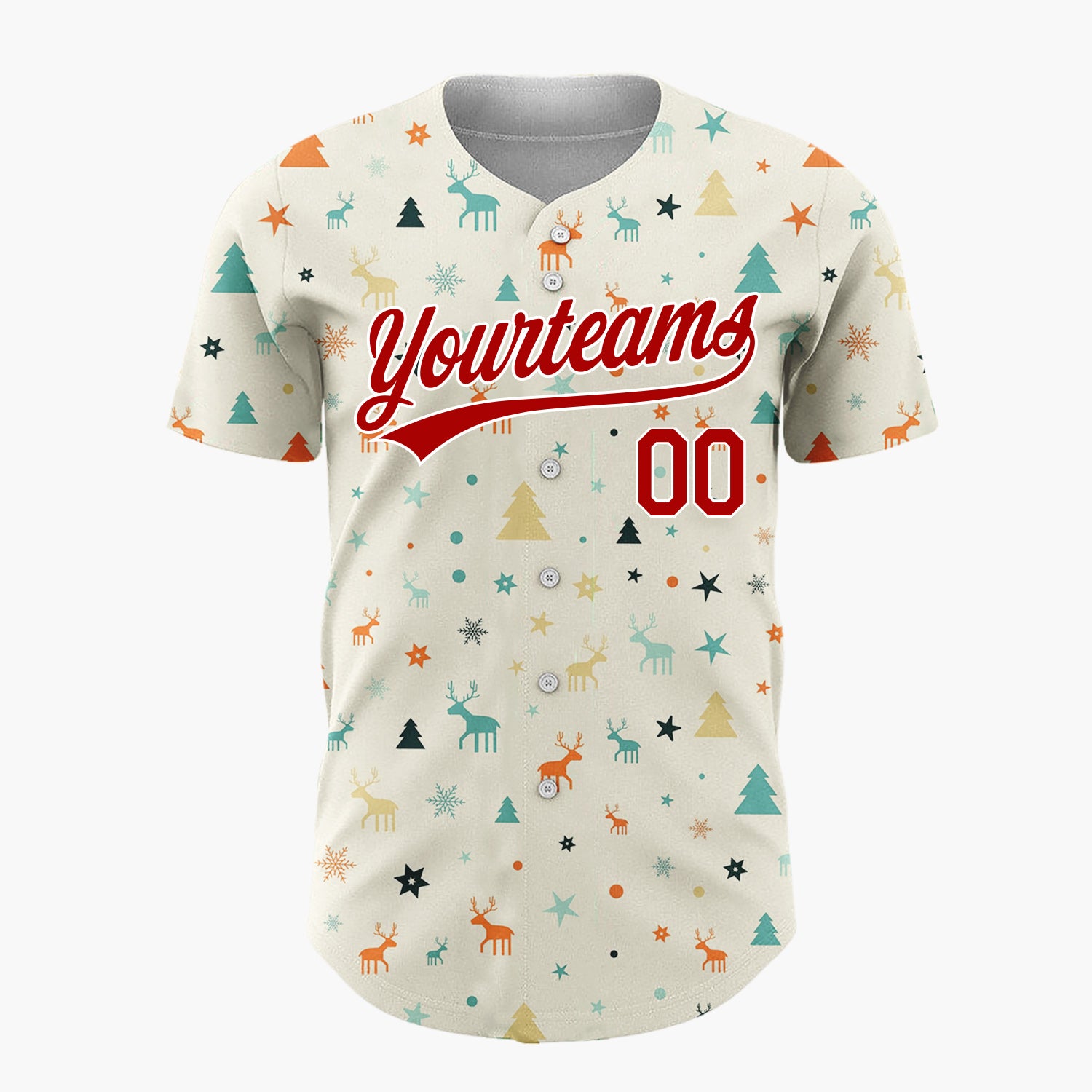 Custom Cream Mid Century Modern Deer Trees Retro Christmas Baseball Jersey