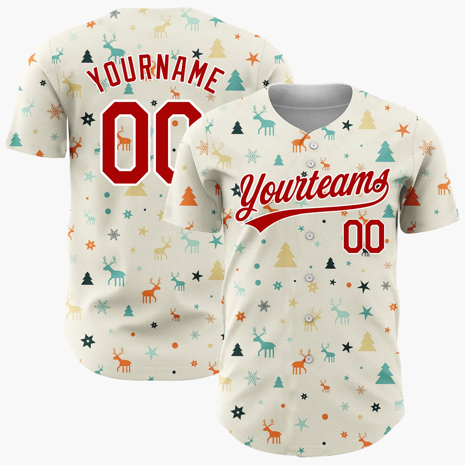 Custom Cream Mid Century Modern Deer Trees Retro Christmas Baseball Jersey