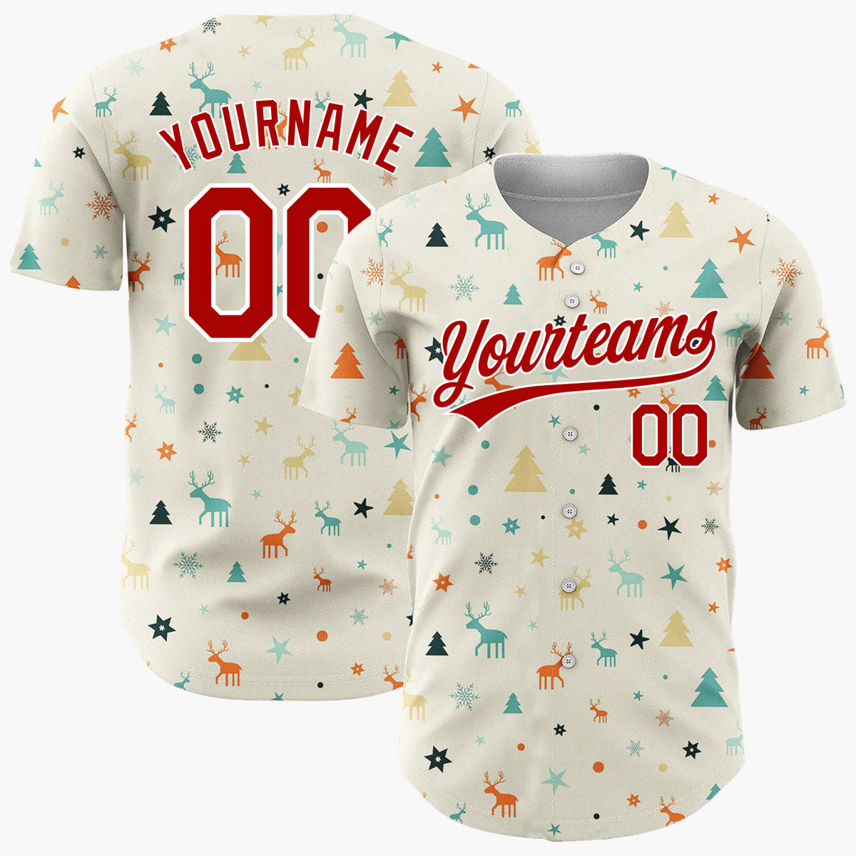 Custom Cream Mid Century Modern Deer Trees Retro Christmas Baseball Jersey