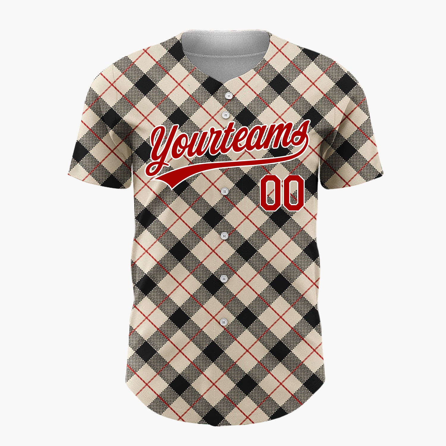 Custom Beige Black Plaid Red Accent Lines Classic Tartan Pattern Christmas Baseball Jersey