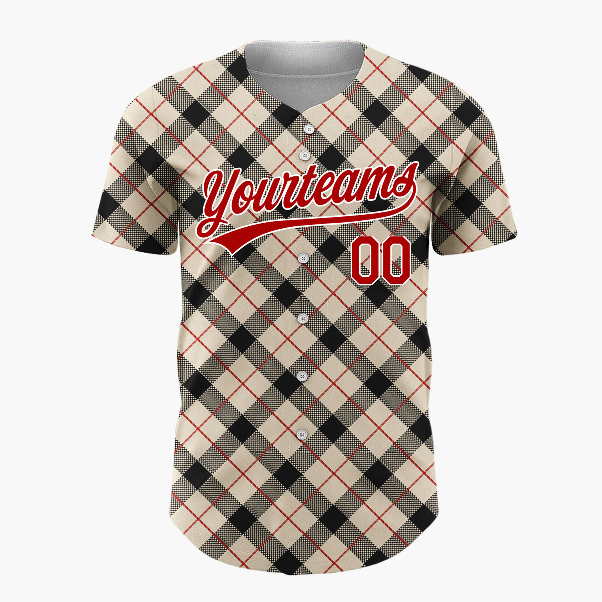 Custom Beige Black Plaid Red Accent Lines Classic Tartan Pattern Christmas Baseball Jersey