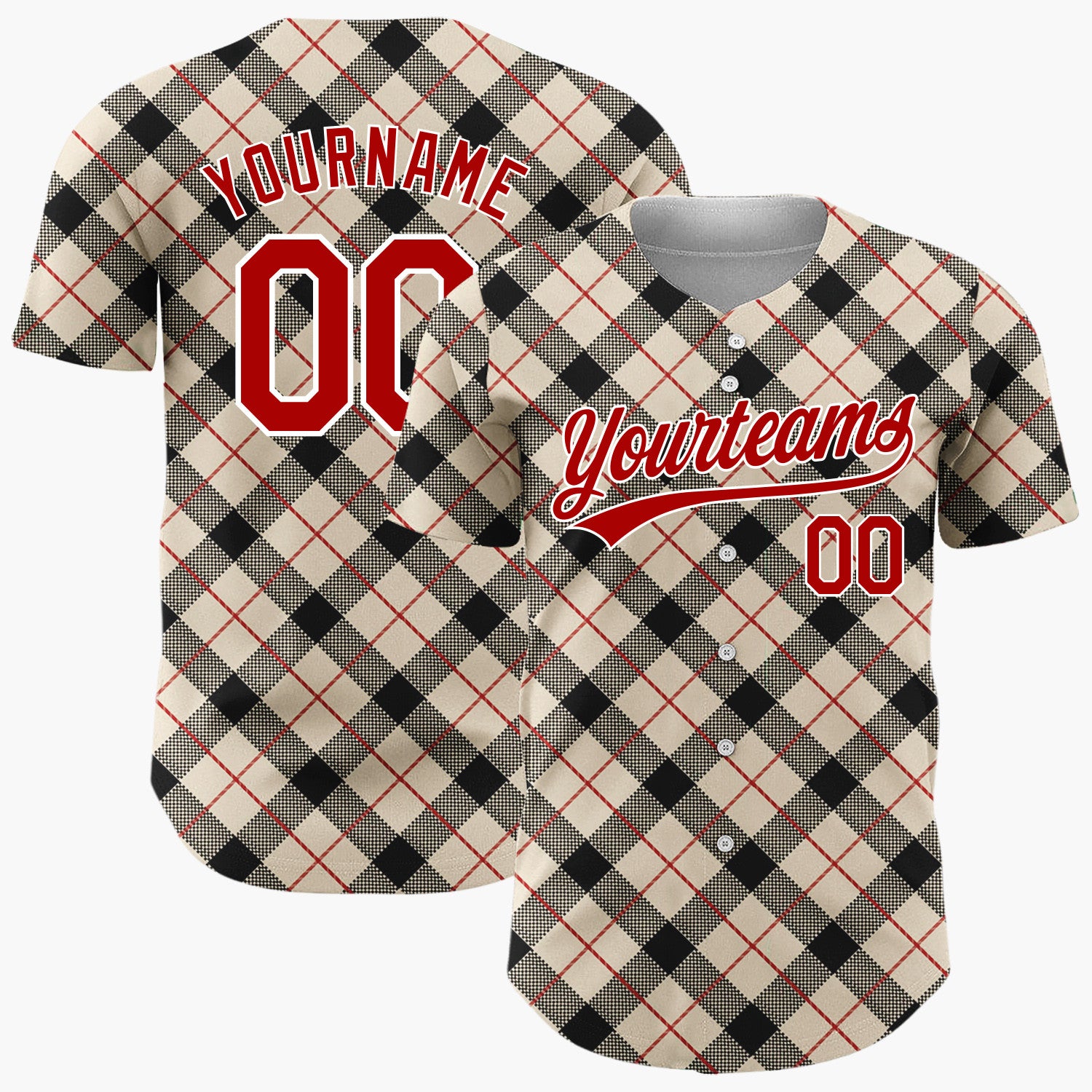 Custom Beige Black Plaid Red Accent Lines Classic Tartan Pattern Christmas Baseball Jersey