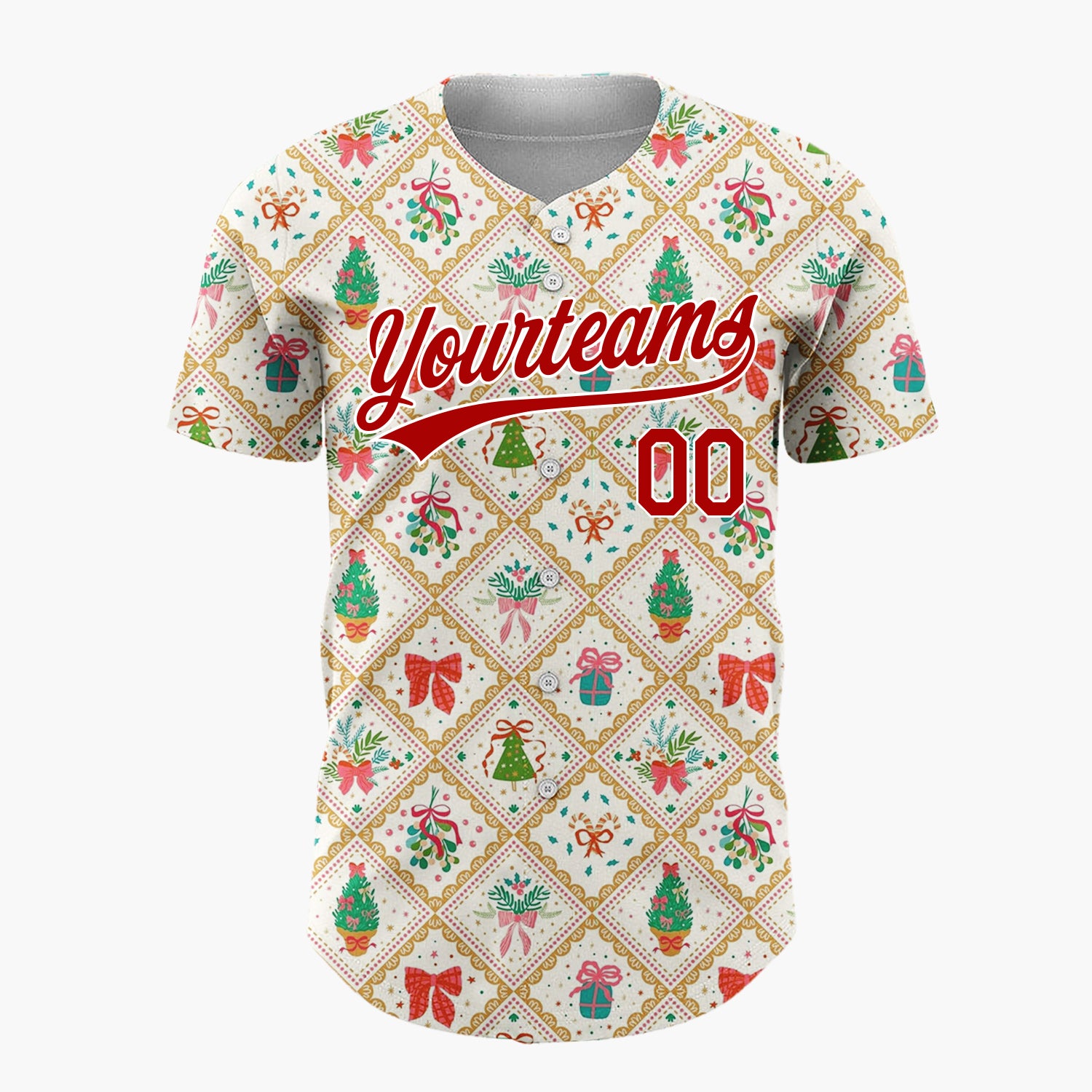 Custom Cream Diamond Lattice Holiday Bouquets Trees Vintage Christmas Baseball Jersey