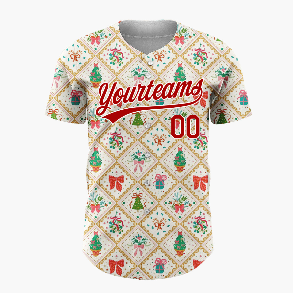 Custom Cream Diamond Lattice Holiday Bouquets Trees Vintage Christmas Baseball Jersey