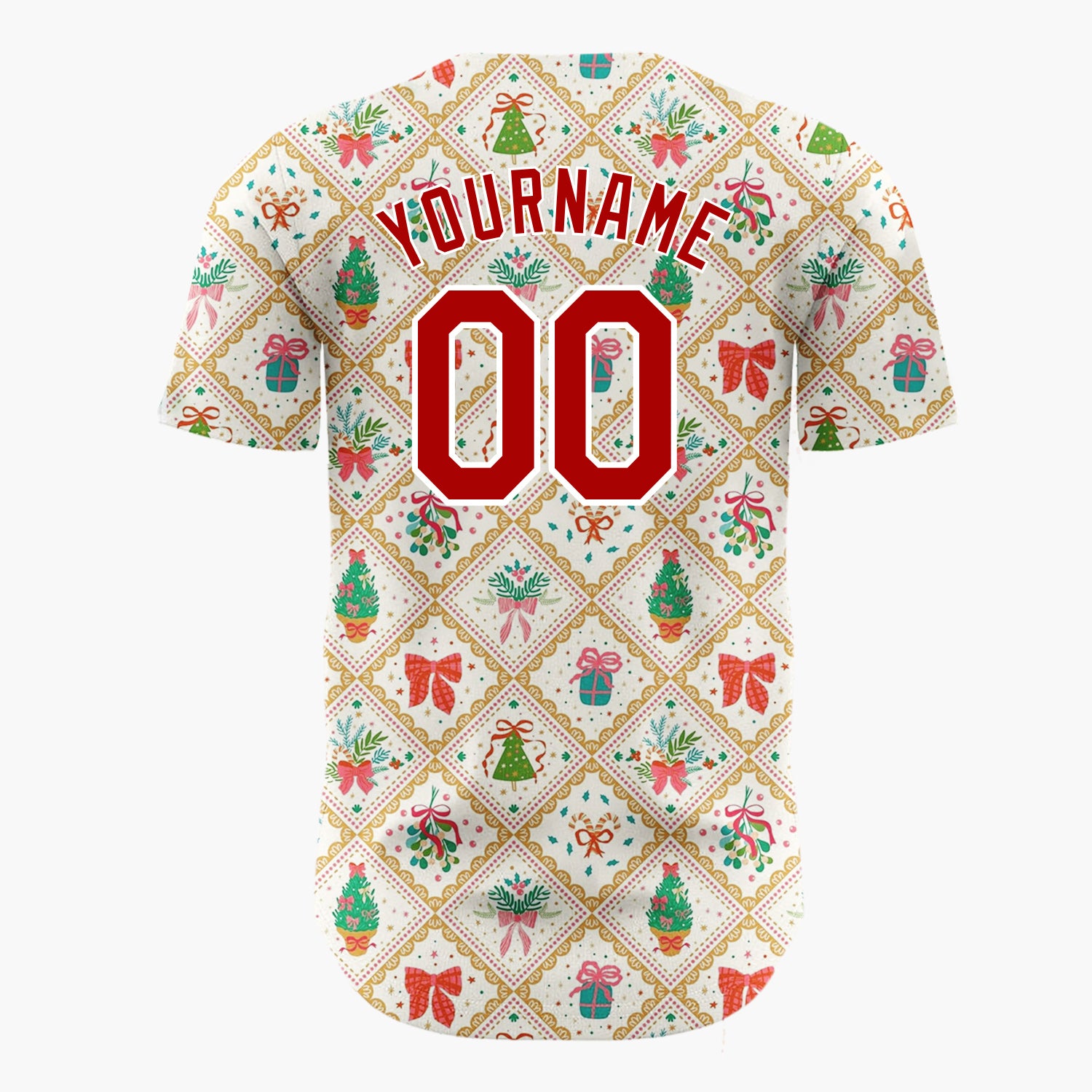 Custom Cream Diamond Lattice Holiday Bouquets Trees Vintage Christmas Baseball Jersey