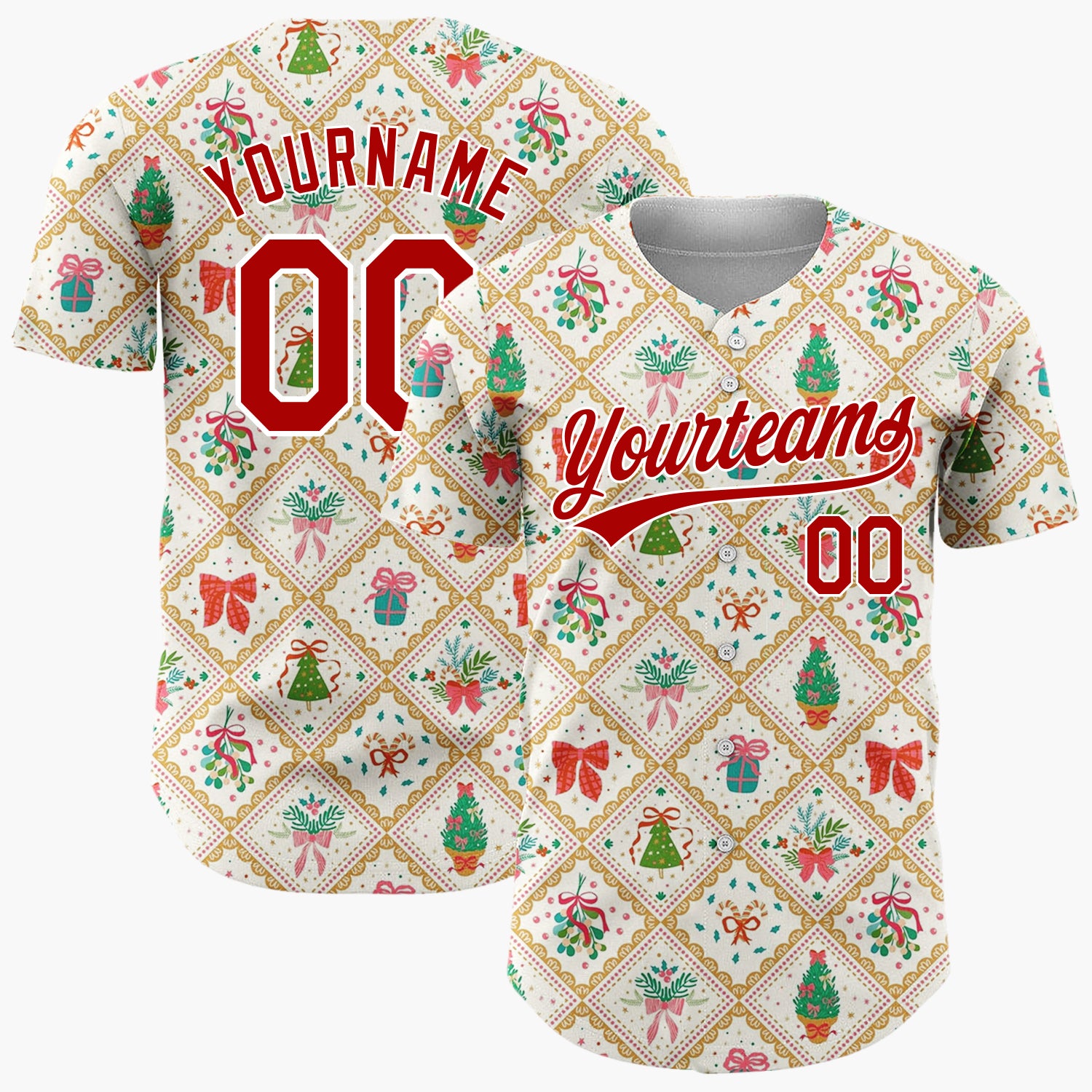 Custom Cream Diamond Lattice Holiday Bouquets Trees Vintage Christmas Baseball Jersey
