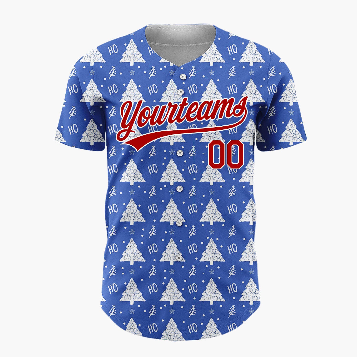 Custom Blue White Christmas Tree Text Whimsical Pattern Christmas Baseball Jersey