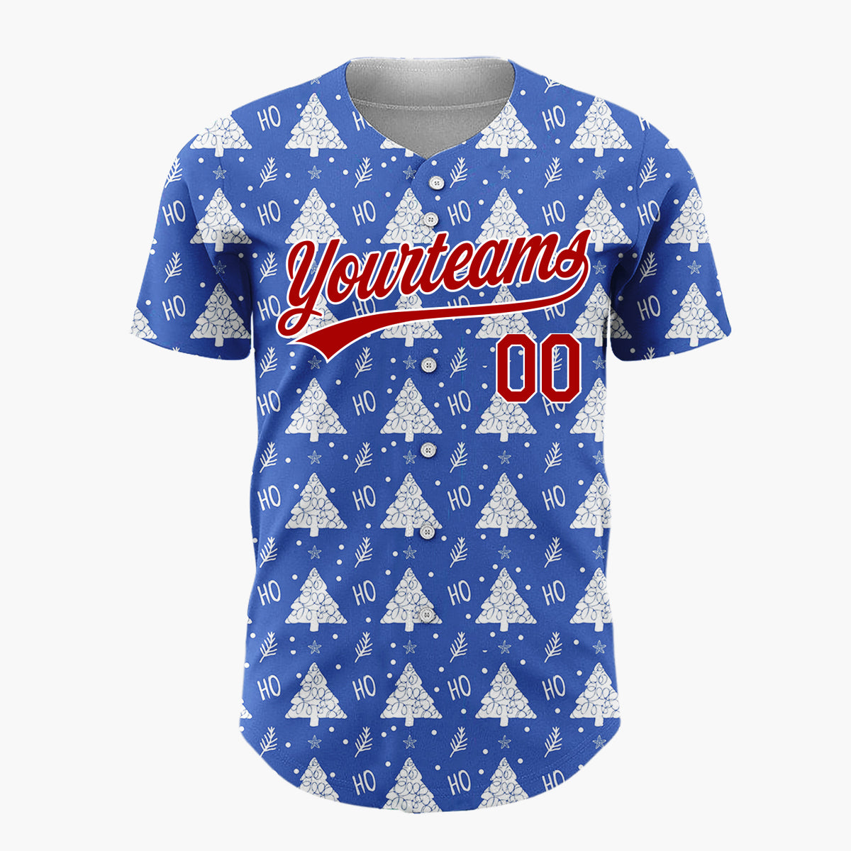Custom Blue White Christmas Tree Text Whimsical Pattern Christmas Baseball Jersey