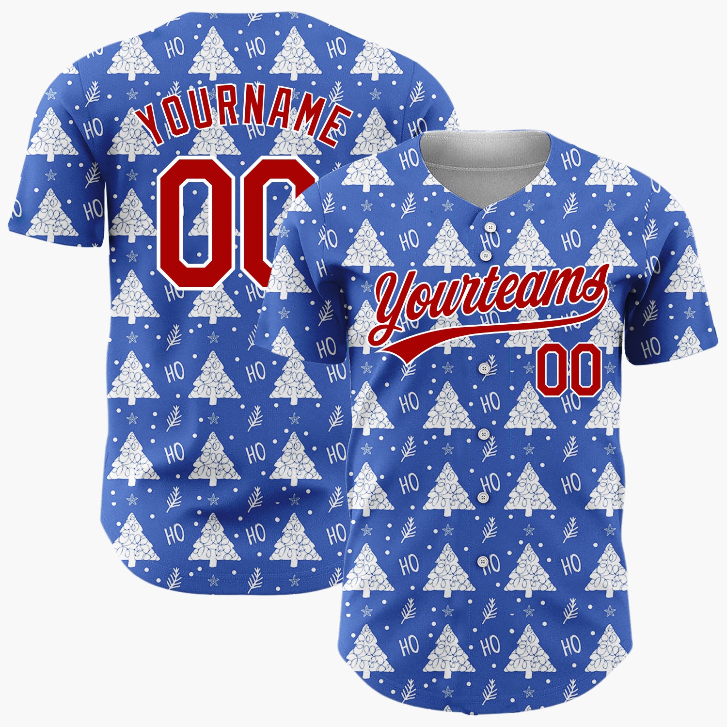 Custom Blue White Christmas Tree Text Whimsical Pattern Christmas Baseball Jersey