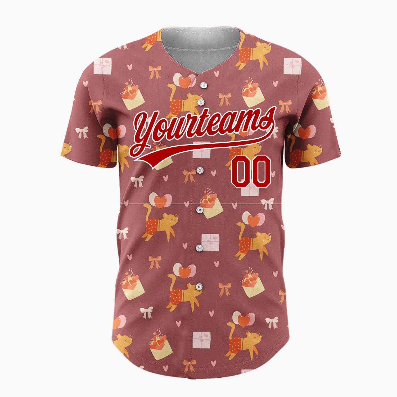 Custom Brown Orange Cats Balloons And Hearts Valentine Pattern Christmas Baseball Jersey