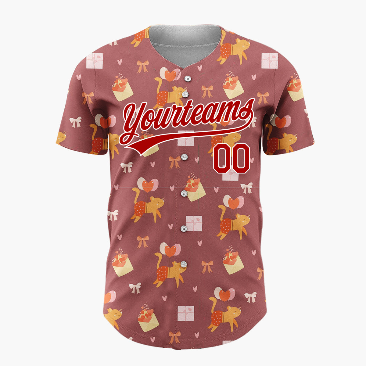Custom Brown Orange Cats Balloons And Hearts Valentine Pattern Christmas Baseball Jersey