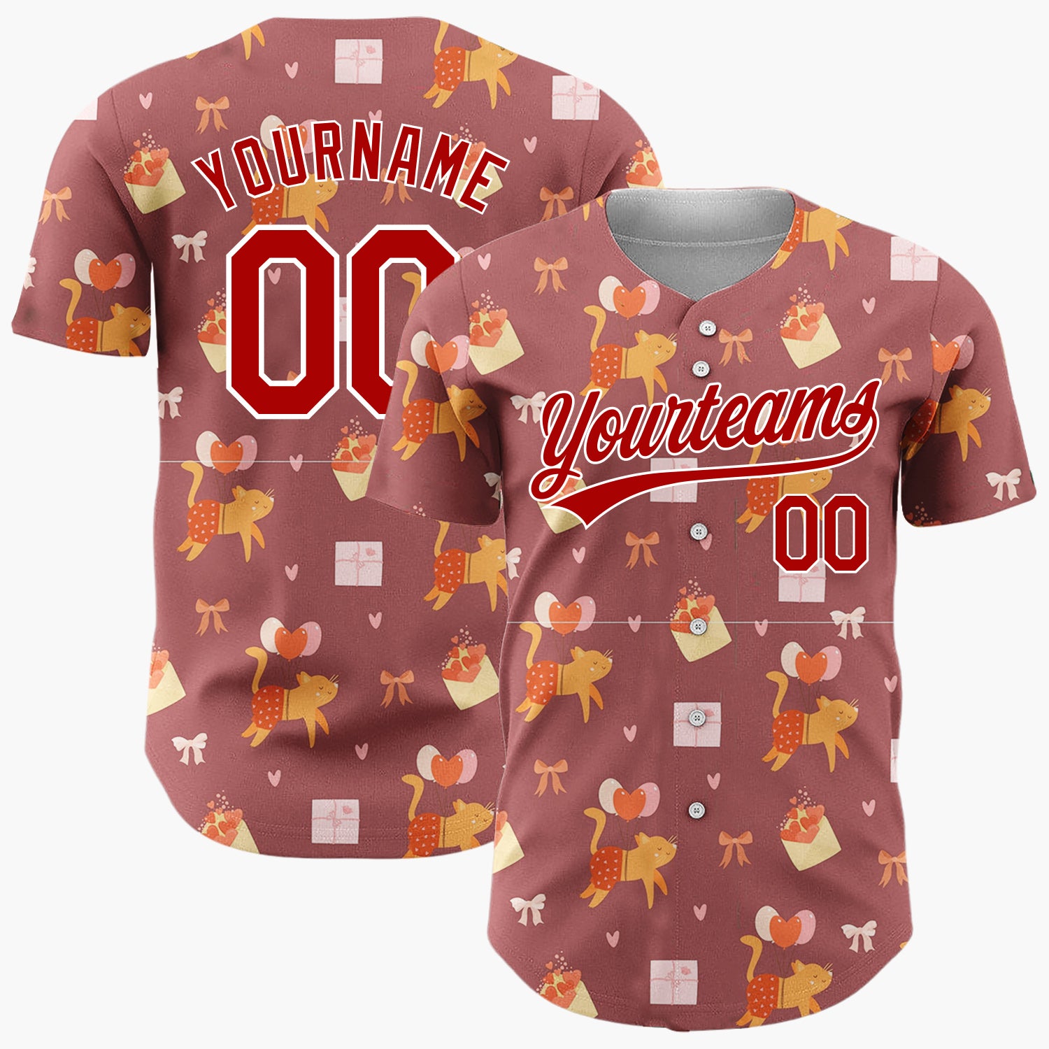 Custom Brown Orange Cats Balloons And Hearts Valentine Pattern Christmas Baseball Jersey