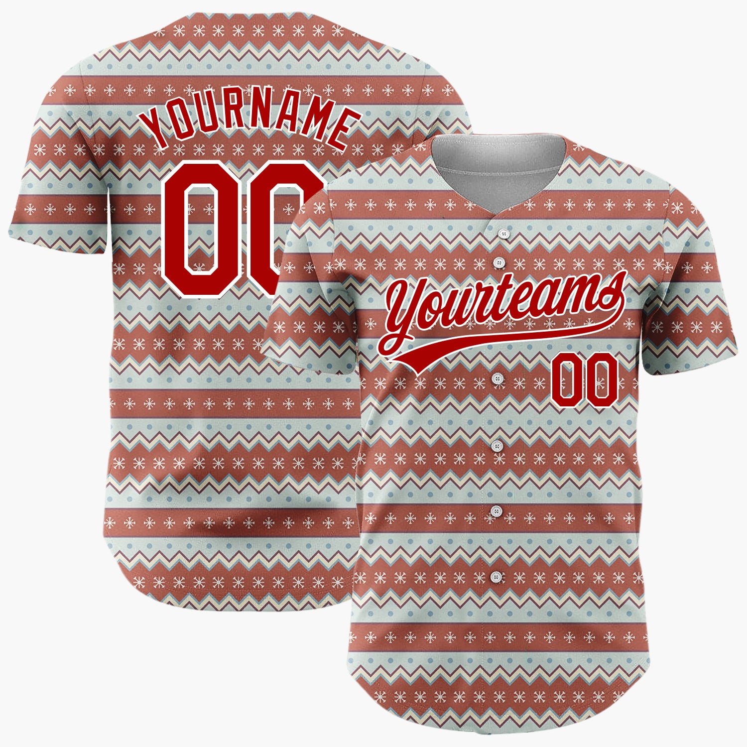 Custom Brown Blue Snowflakes Chevrons And Dots Christmas Nordic Pattern Christmas Baseball Jersey