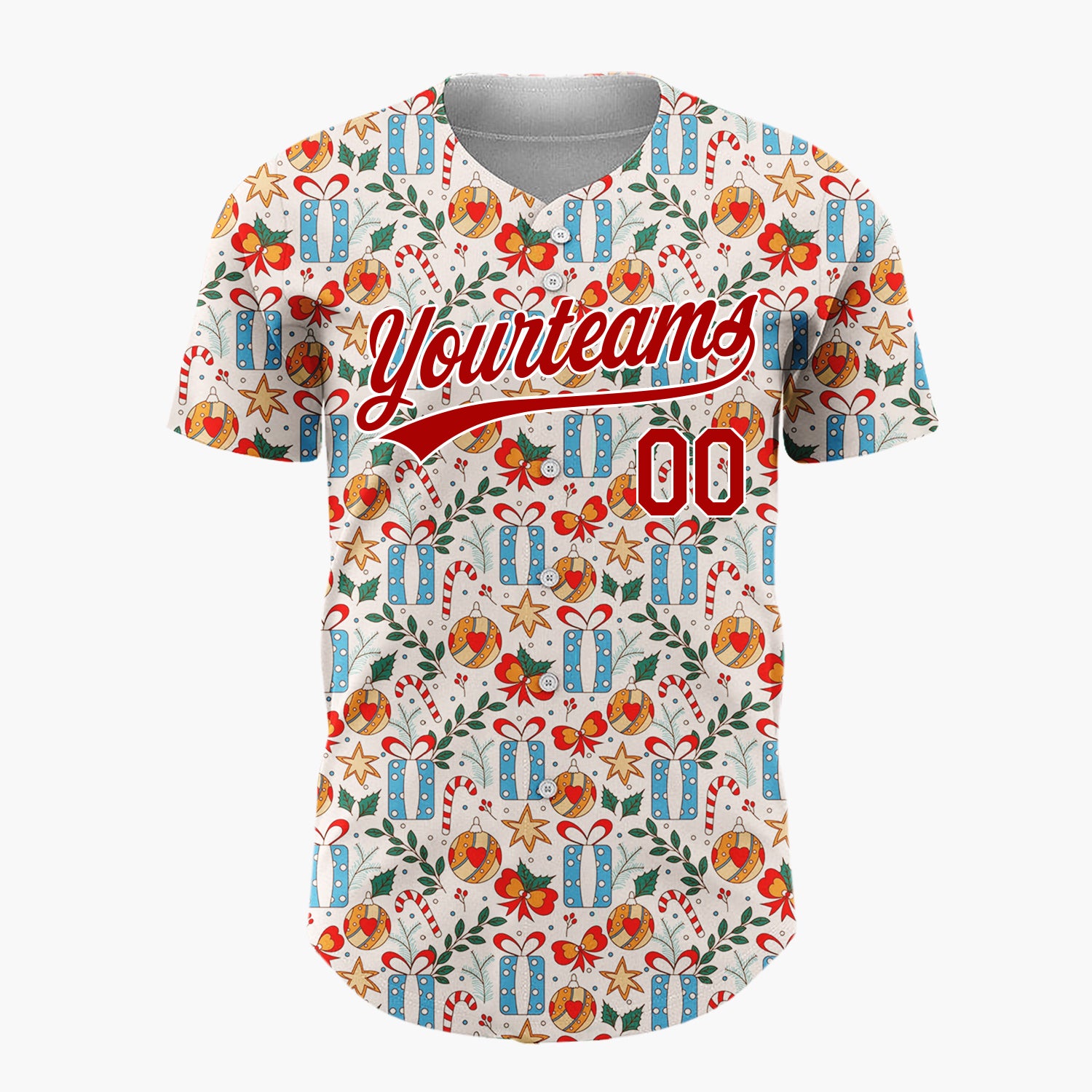 Custom Cream Blue Red Gifts Candy Canes And Baubles Detailed Hand Drawn Pattern Christmas Baseball Jersey