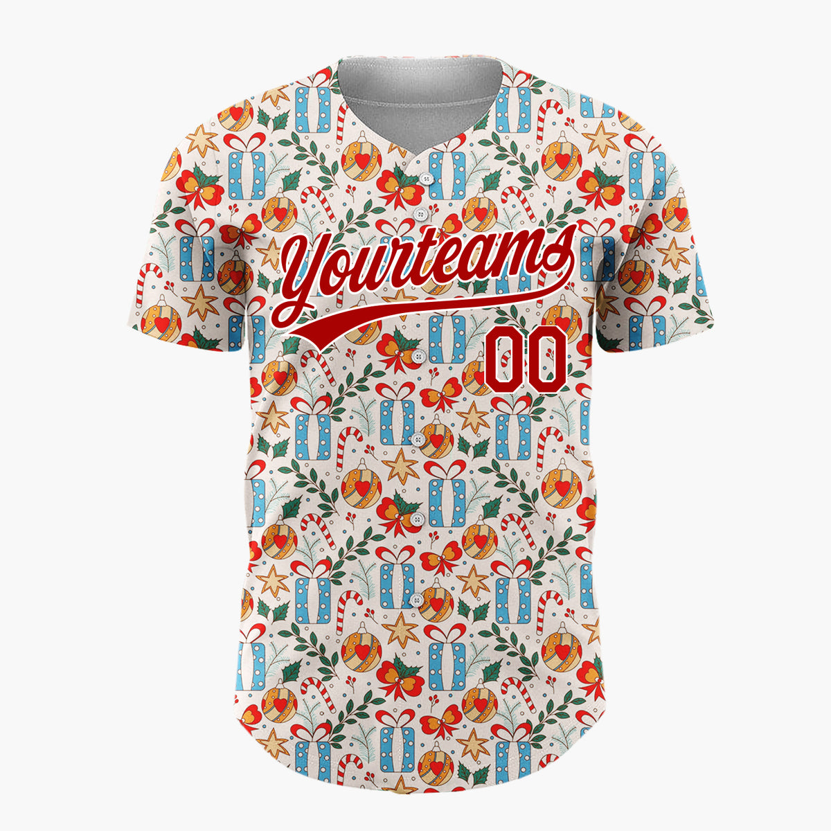 Custom Cream Blue Red Gifts Candy Canes And Baubles Detailed Hand Drawn Pattern Christmas Baseball Jersey