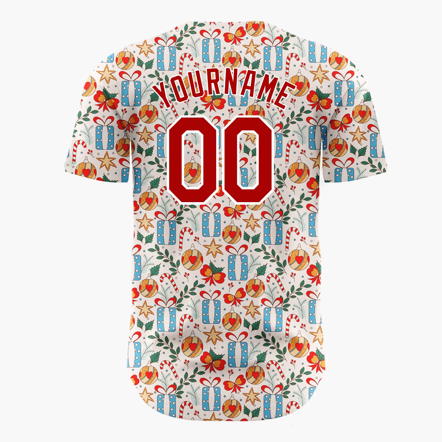 Custom Cream Blue Red Gifts Candy Canes And Baubles Detailed Hand Drawn Pattern Christmas Baseball Jersey