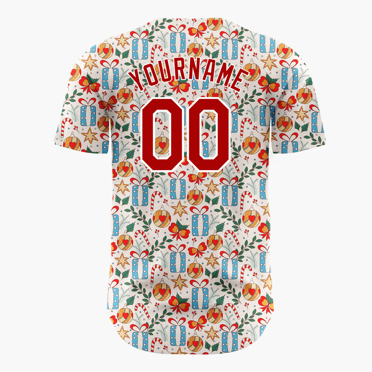 Custom Cream Blue Red Gifts Candy Canes And Baubles Detailed Hand Drawn Pattern Christmas Baseball Jersey