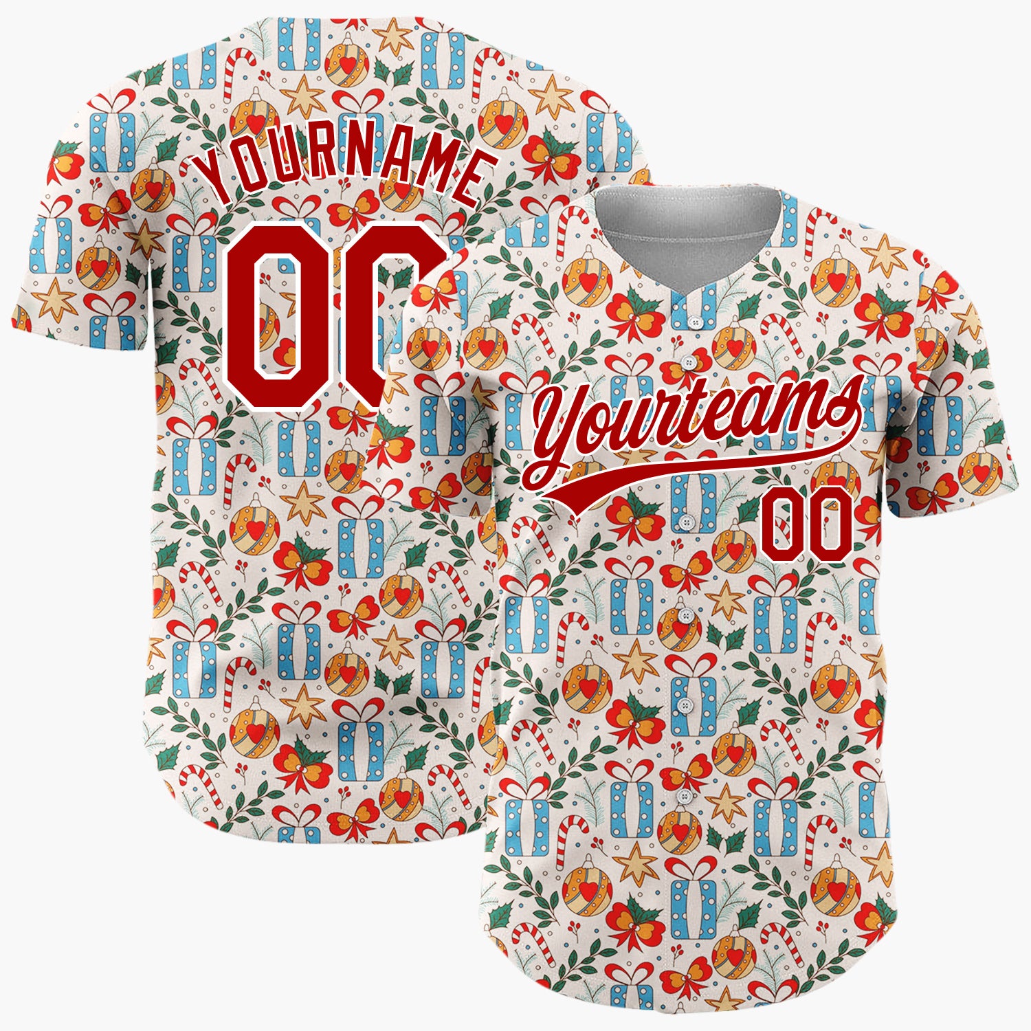 Custom Cream Blue Red Gifts Candy Canes And Baubles Detailed Hand Drawn Pattern Christmas Baseball Jersey