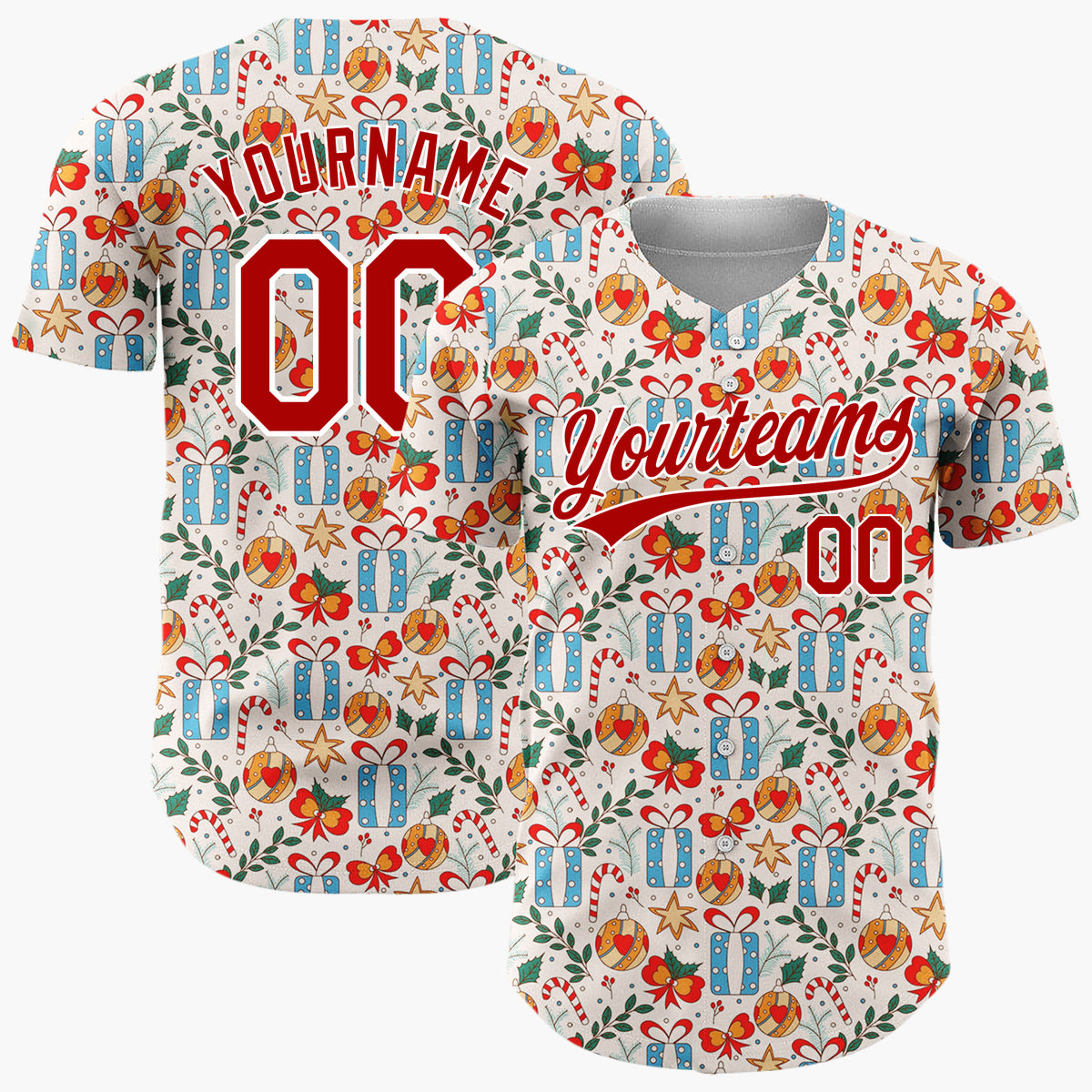 Custom Cream Blue Red Gifts Candy Canes And Baubles Detailed Hand Drawn Pattern Christmas Baseball Jersey