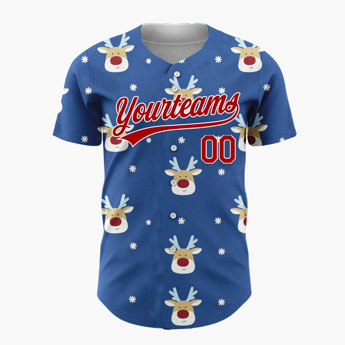 Custom Blue White Reindeer Faces With Snowflakes Cute Christmas Baseball Jersey