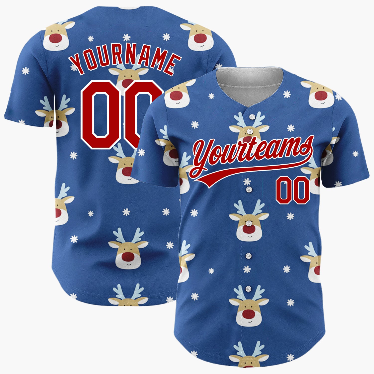 Custom Blue White Reindeer Faces With Snowflakes Cute Christmas Baseball Jersey