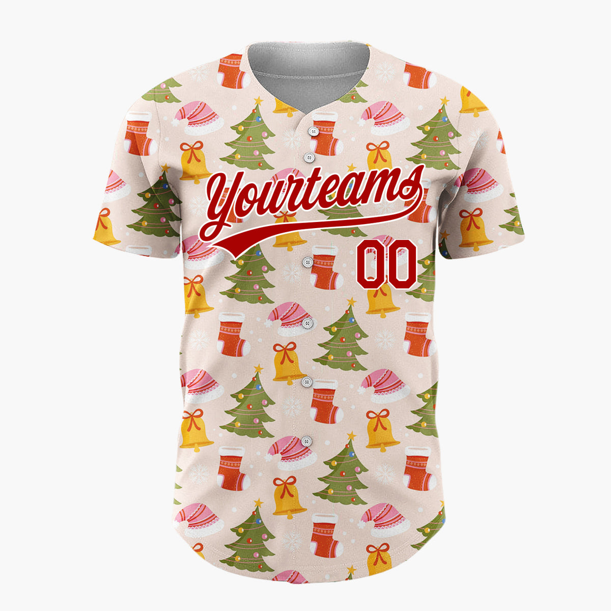 Custom Blush Pink Festive Christmas Trees And Bells Pattern Christmas Baseball Jersey