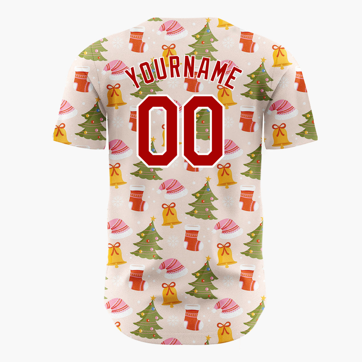 Custom Blush Pink Festive Christmas Trees And Bells Pattern Christmas Baseball Jersey