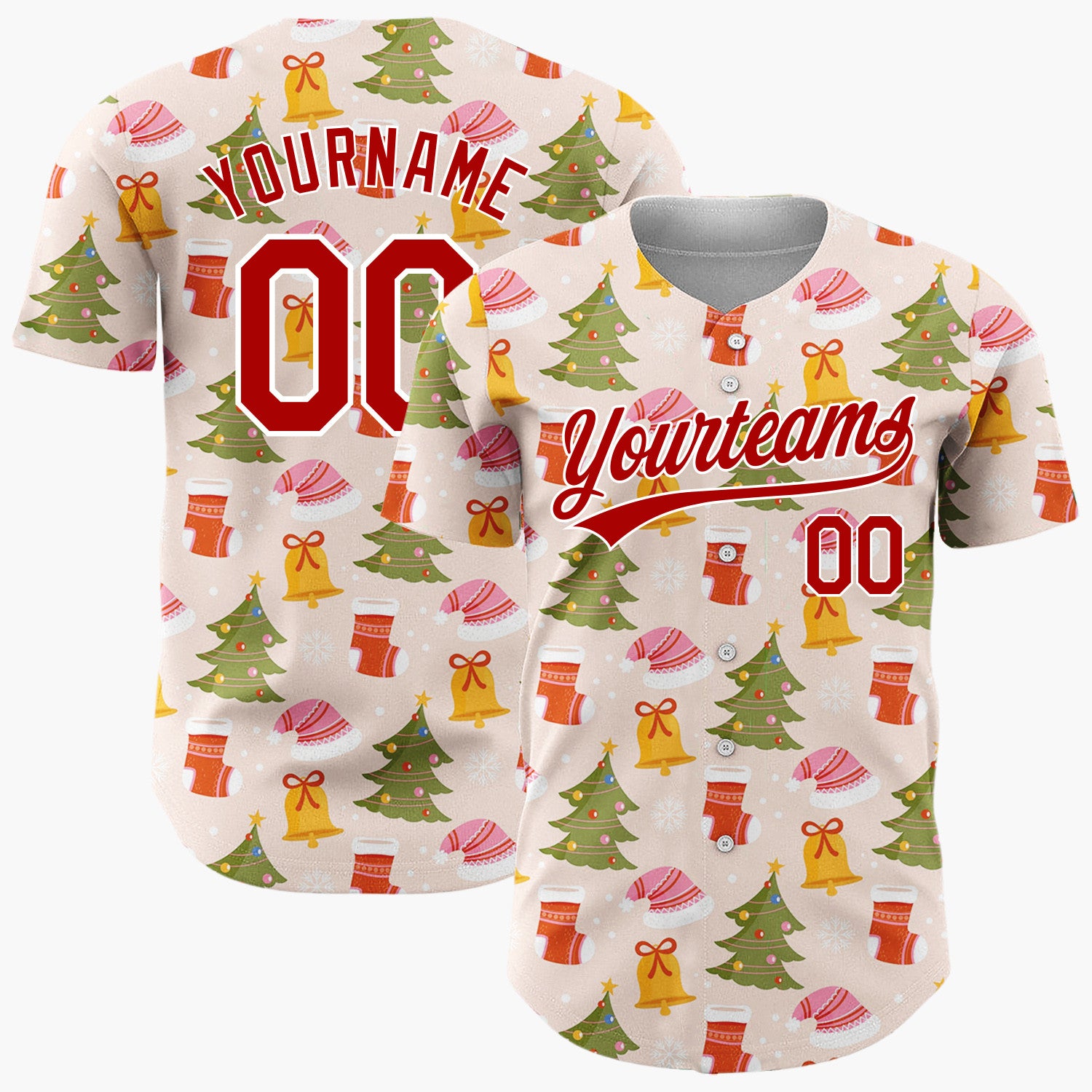 Custom Blush Pink Festive Christmas Trees And Bells Pattern Christmas Baseball Jersey