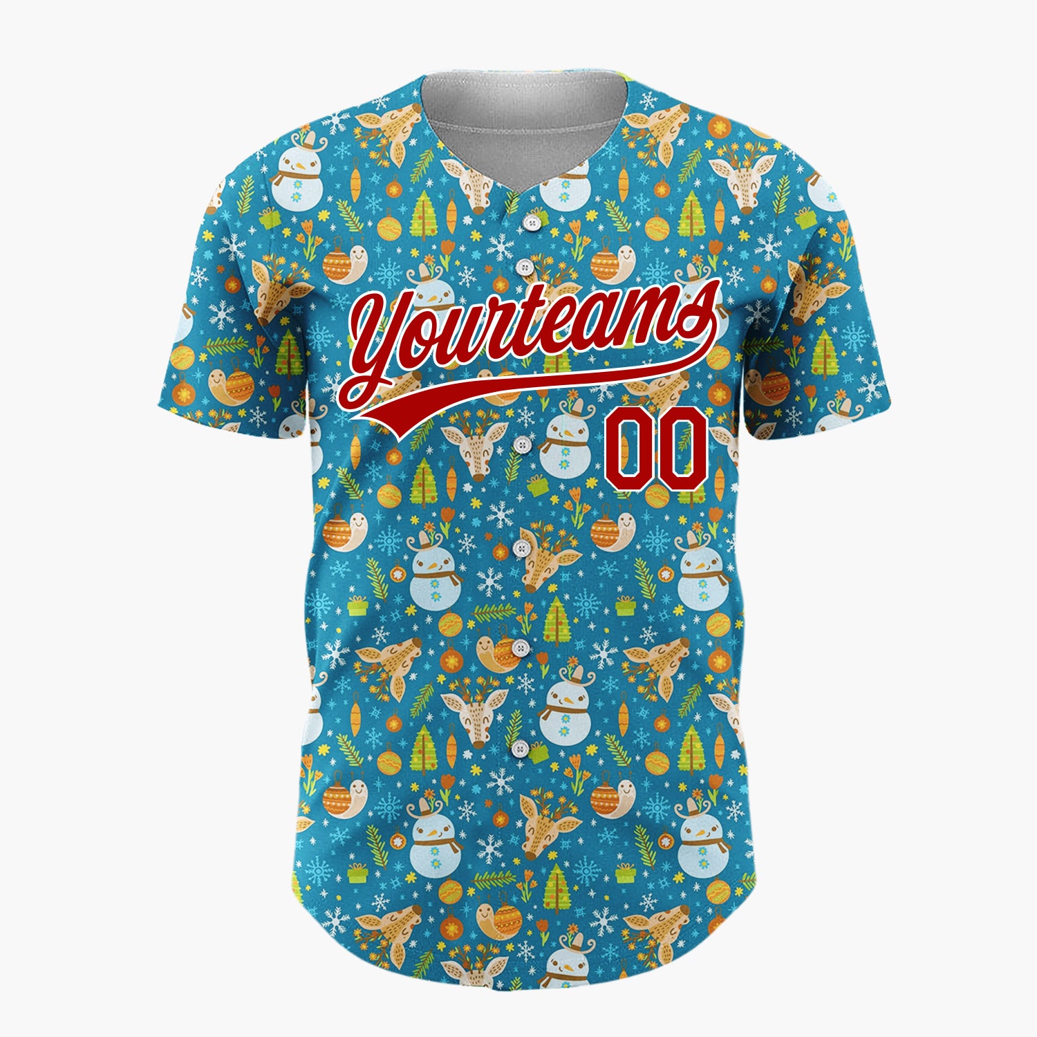 Custom Blue Orange Snowmen Reindeers And Ornaments Whimsical Winter Pattern Christmas Baseball Jersey